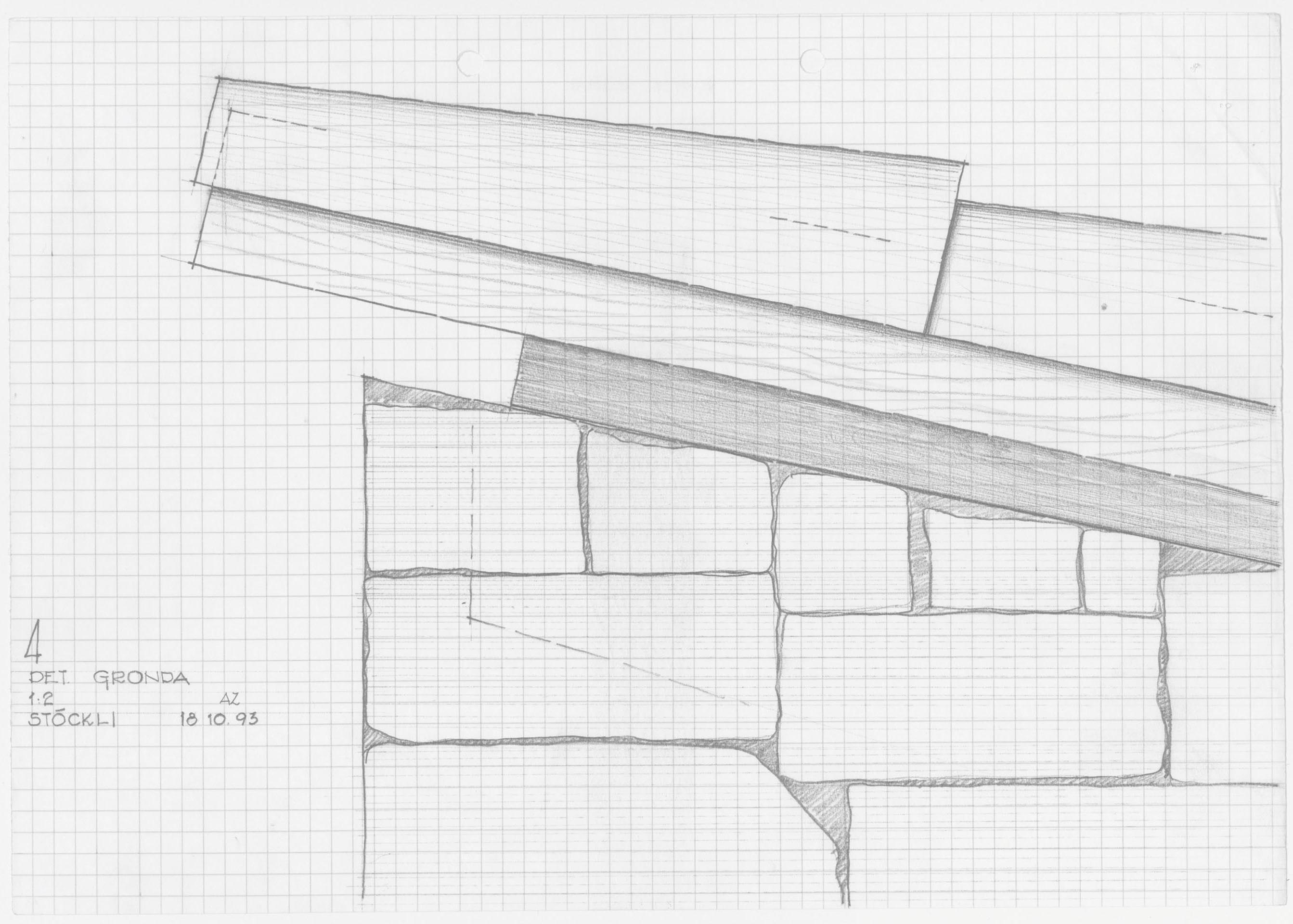 Vista in scala 1:2 del raccordo tra copertura e muratura. Autore del disegno: Alessandro Zara, 18.10.1993.