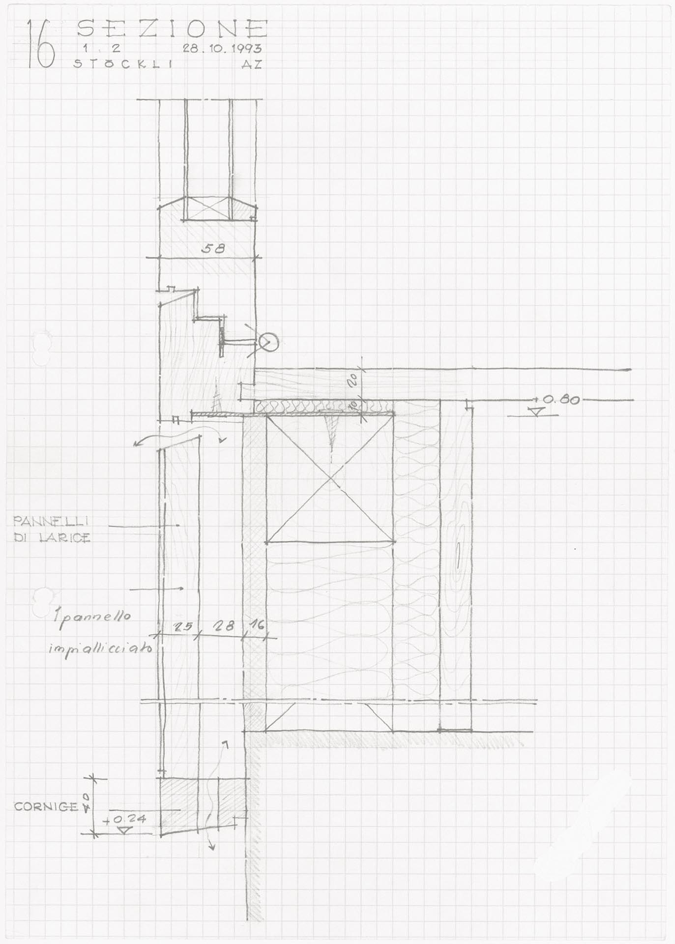 Particolare costruttivo in scala 1:2 del raccordo tra serramento e muratura verso la corte. Questo particolare è lo sviluppo dello schizzo di Flora Ruchat-Roncati in fig. 3.  		Autore del disegno: Alessandro Zara, 28.10.1993.