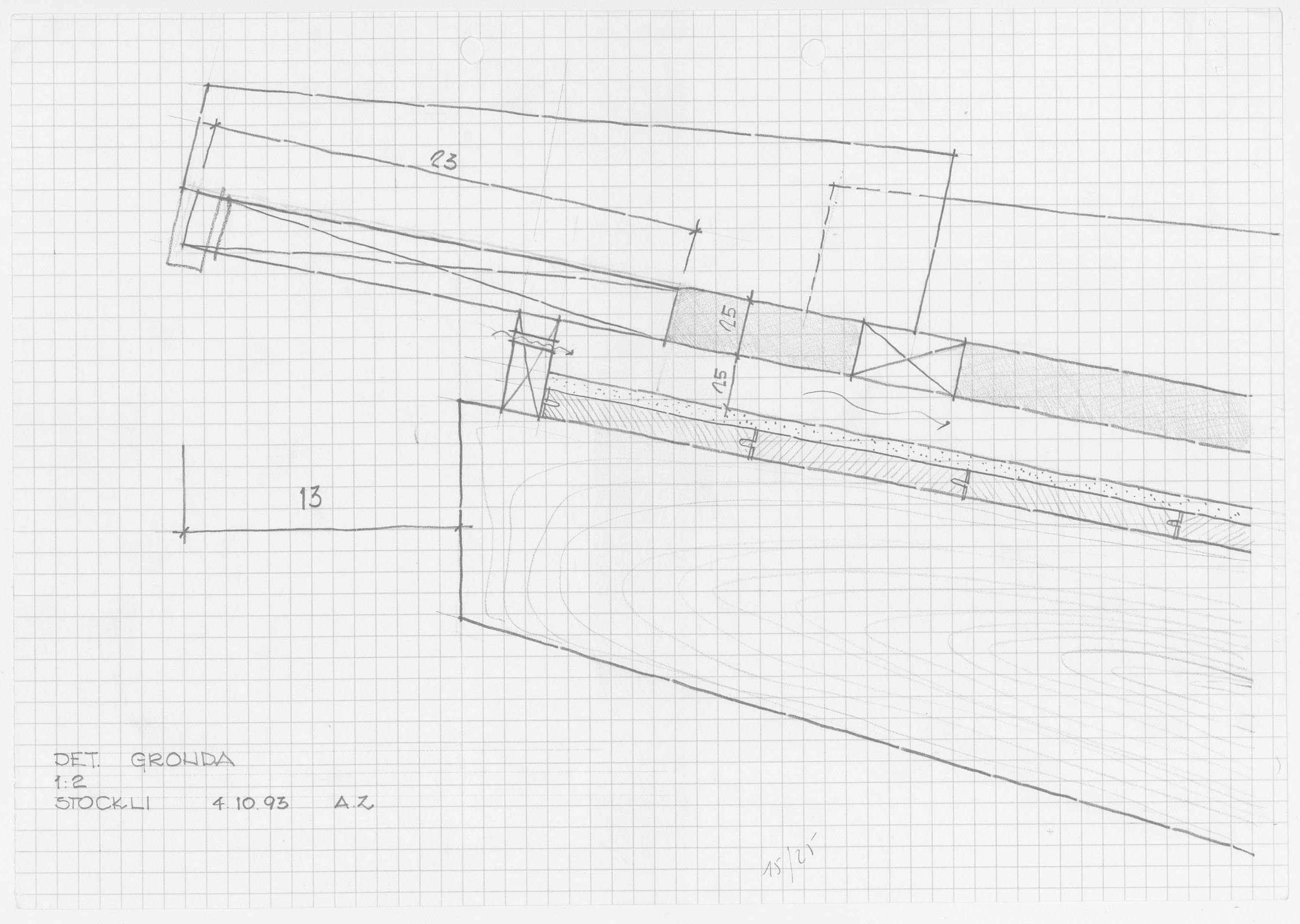 Ulteriore affinamento del particolare costruttivo provvisorio in scala 1:2 della gronda superiore. Autore del disegno: Alessandro Zara, 4.10.1993.
