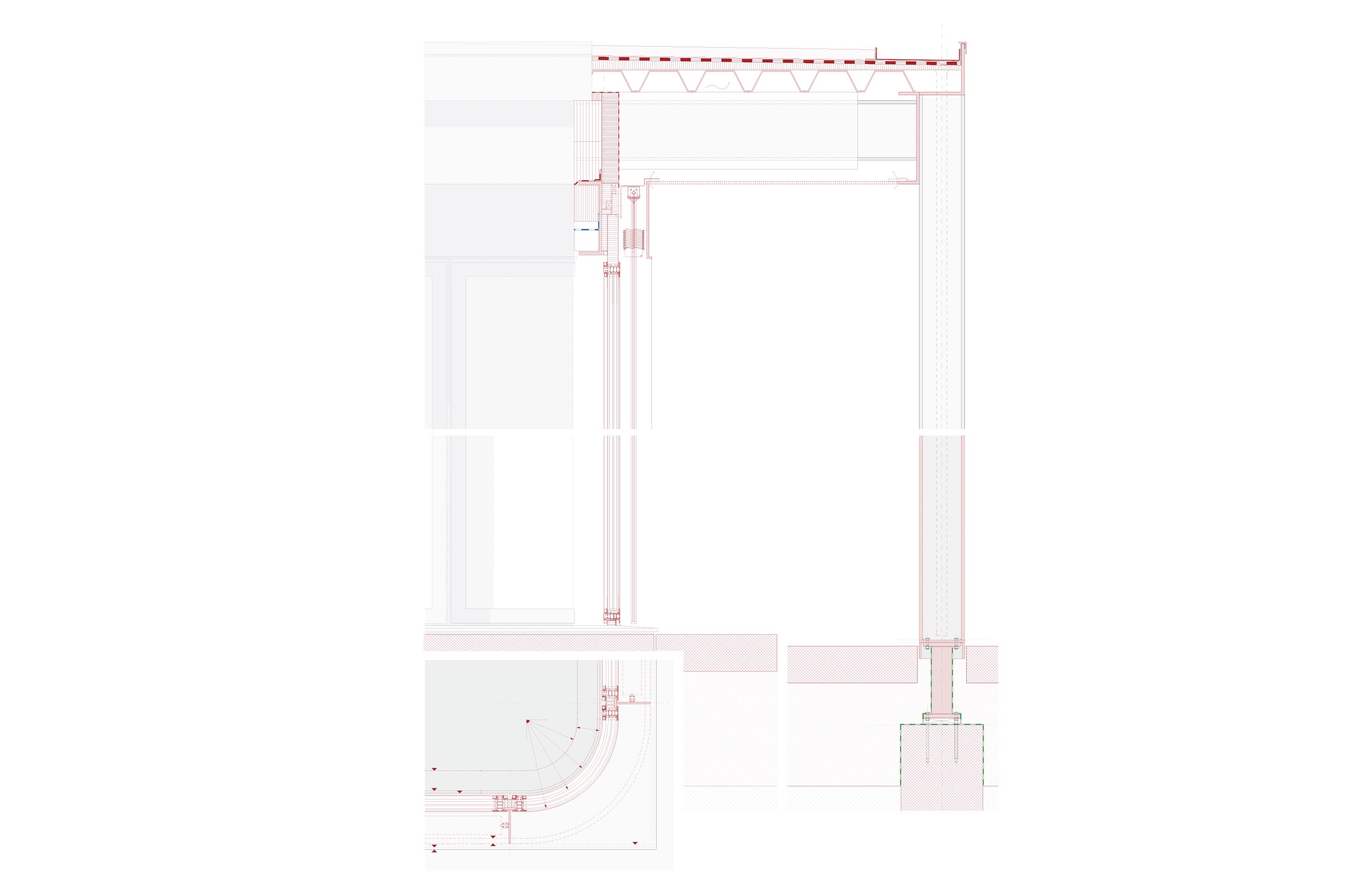 Detail Glasecke am Pavillon: Schnitt und Grundriss, Mst. 1 : 35. Der Pavillon besteht rundum aus geschosshohen Fenster­elementen. Die Rahmen bilden thermisch getrennte Profile aus Stahl mit lackierter Oberfläche.
