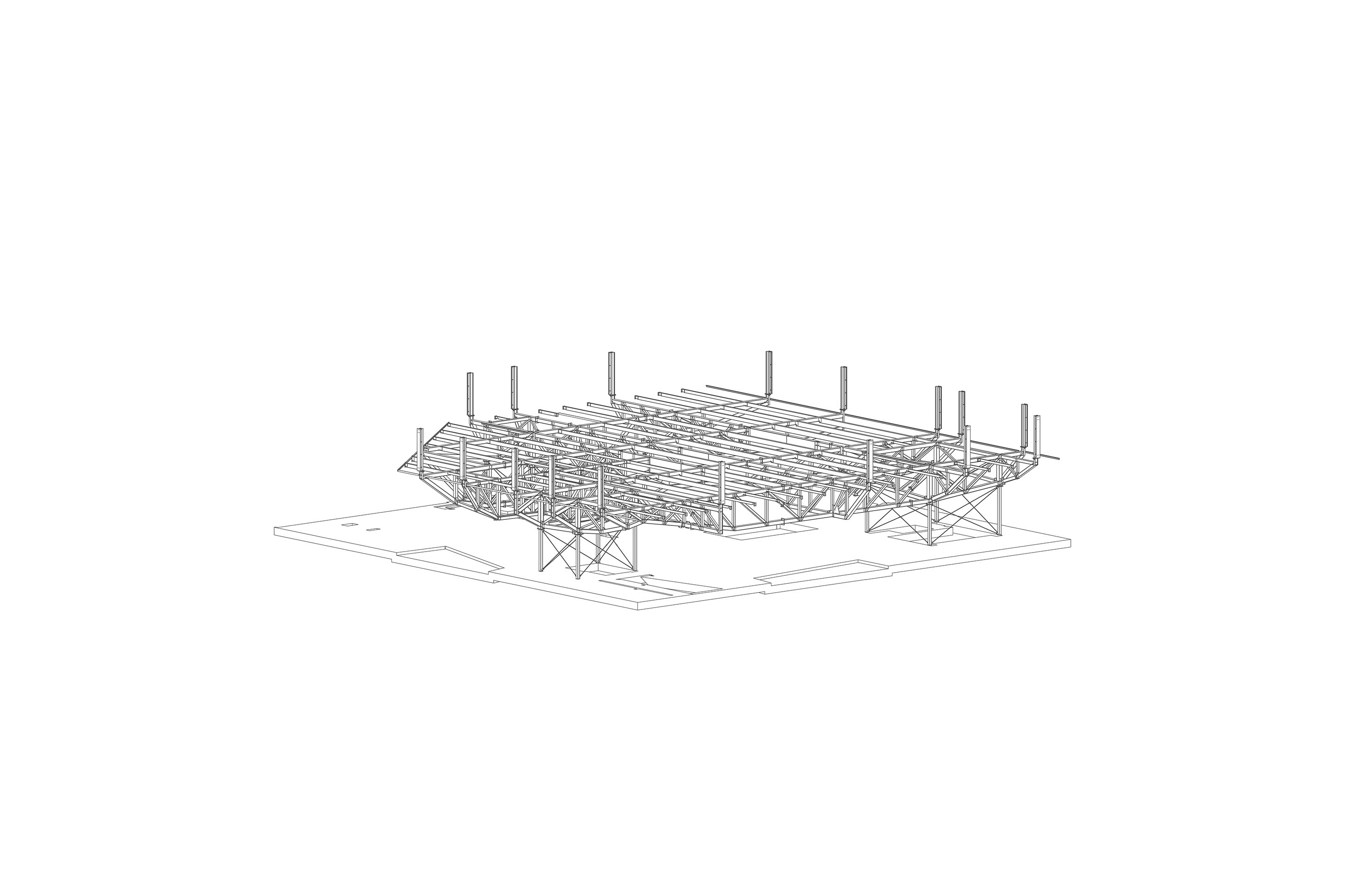 Axonométrie présentant les différentes phases de construction du niveau supérieur : construction de la structure en acier, coulage de la dalle puis des murs. Comme ils sont aussi la façade finie du bâtiment, ils ont dû être coulés en une seule étape, face après face, avec un coffrage toute hauteur.