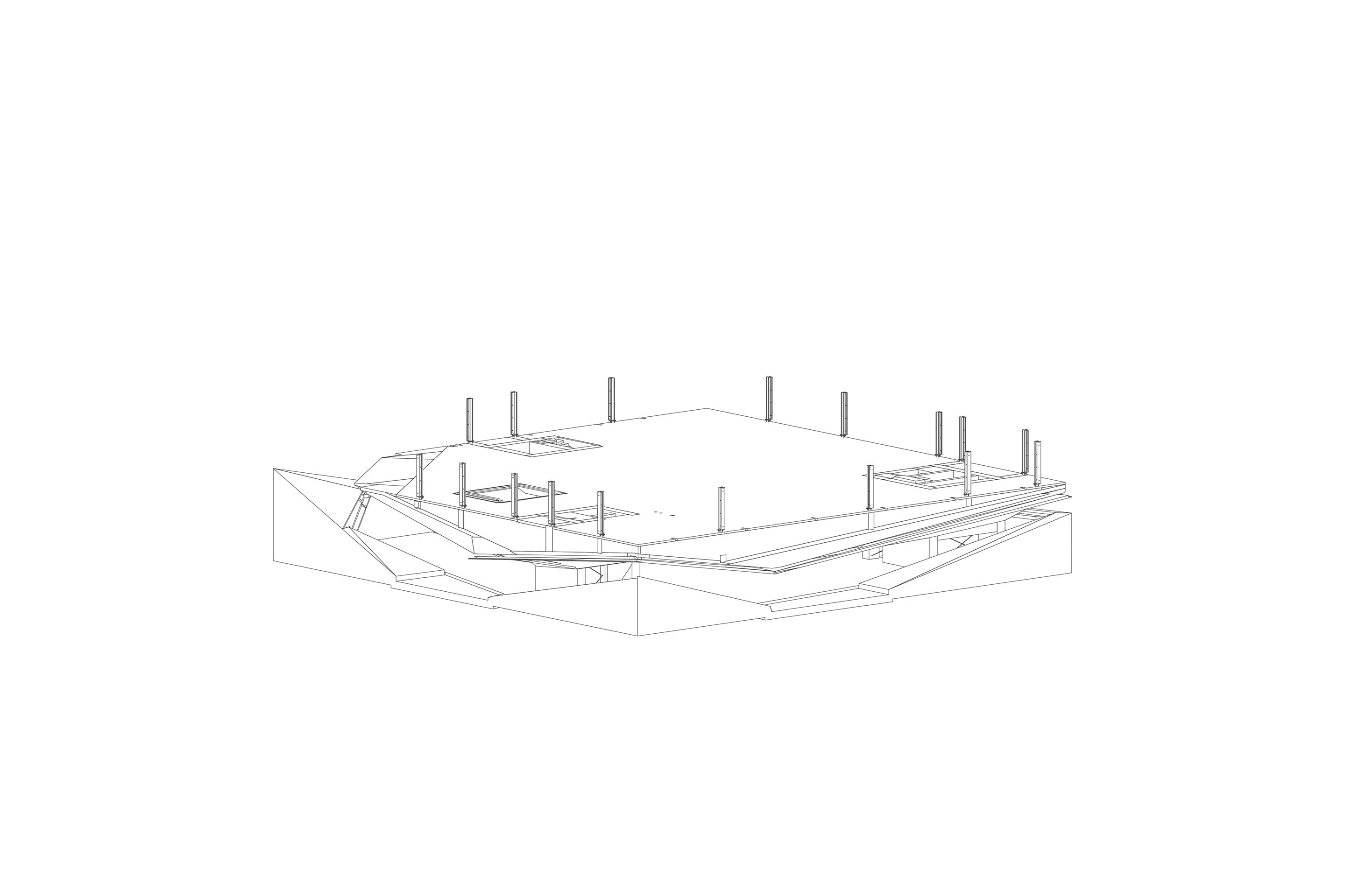 Axonométrie présentant les différentes phases de construction du niveau supérieur: construction de la structure en acier, coulage de la dalle puis des murs. Comme ils sont aussi la façade finie du bâtiment, ils ont dû être coulés en une seule étape, face après face, avec un coffrage toute hauteur.