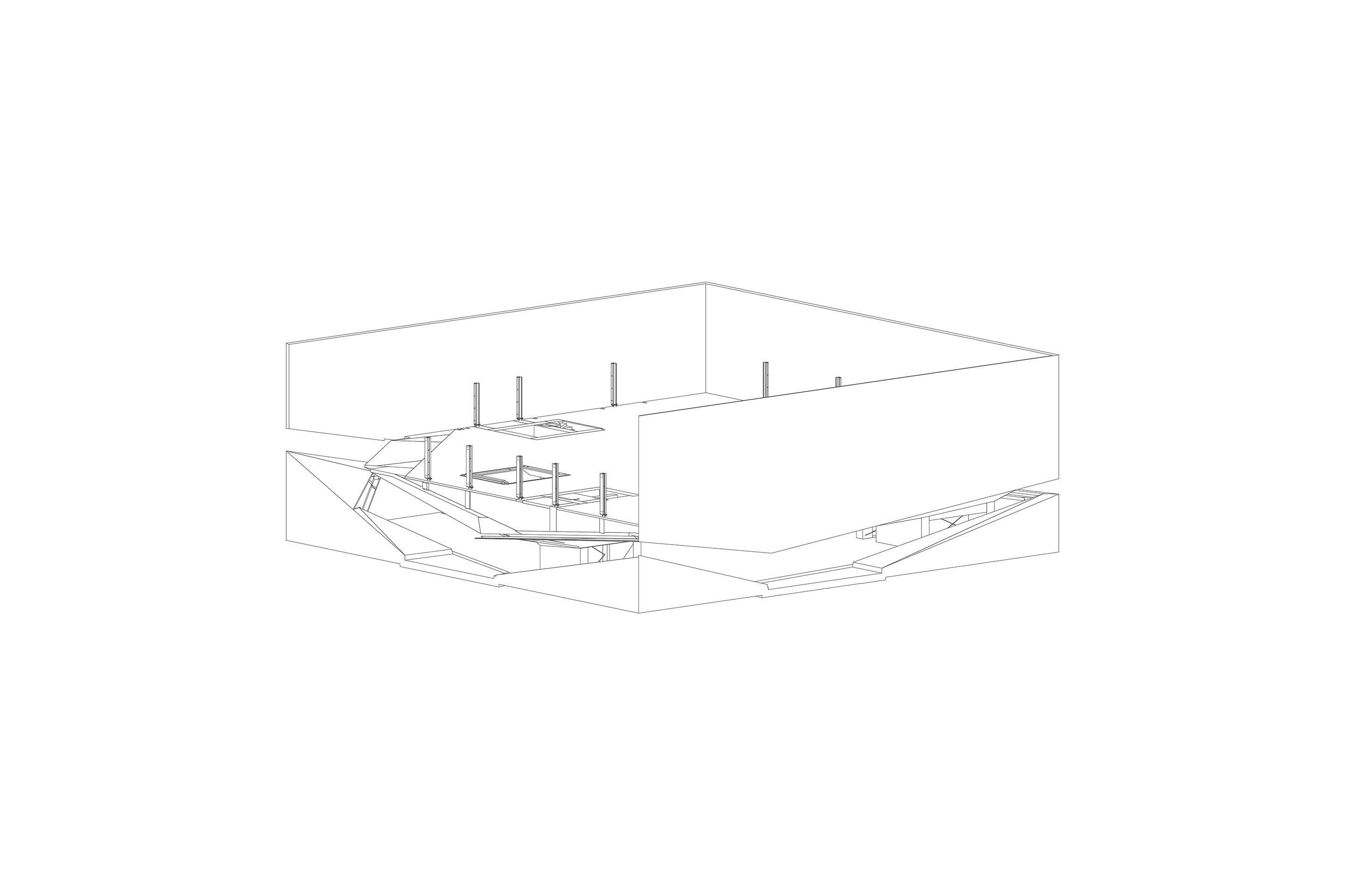 Axonométrie présentant les différentes phases de construction du niveau supérieur: construction de la structure en acier, coulage de la dalle puis des murs. Comme ils sont aussi la façade finie du bâtiment, ils ont dû être coulés en une seule étape, face après face, avec un coffrage toute hauteur.