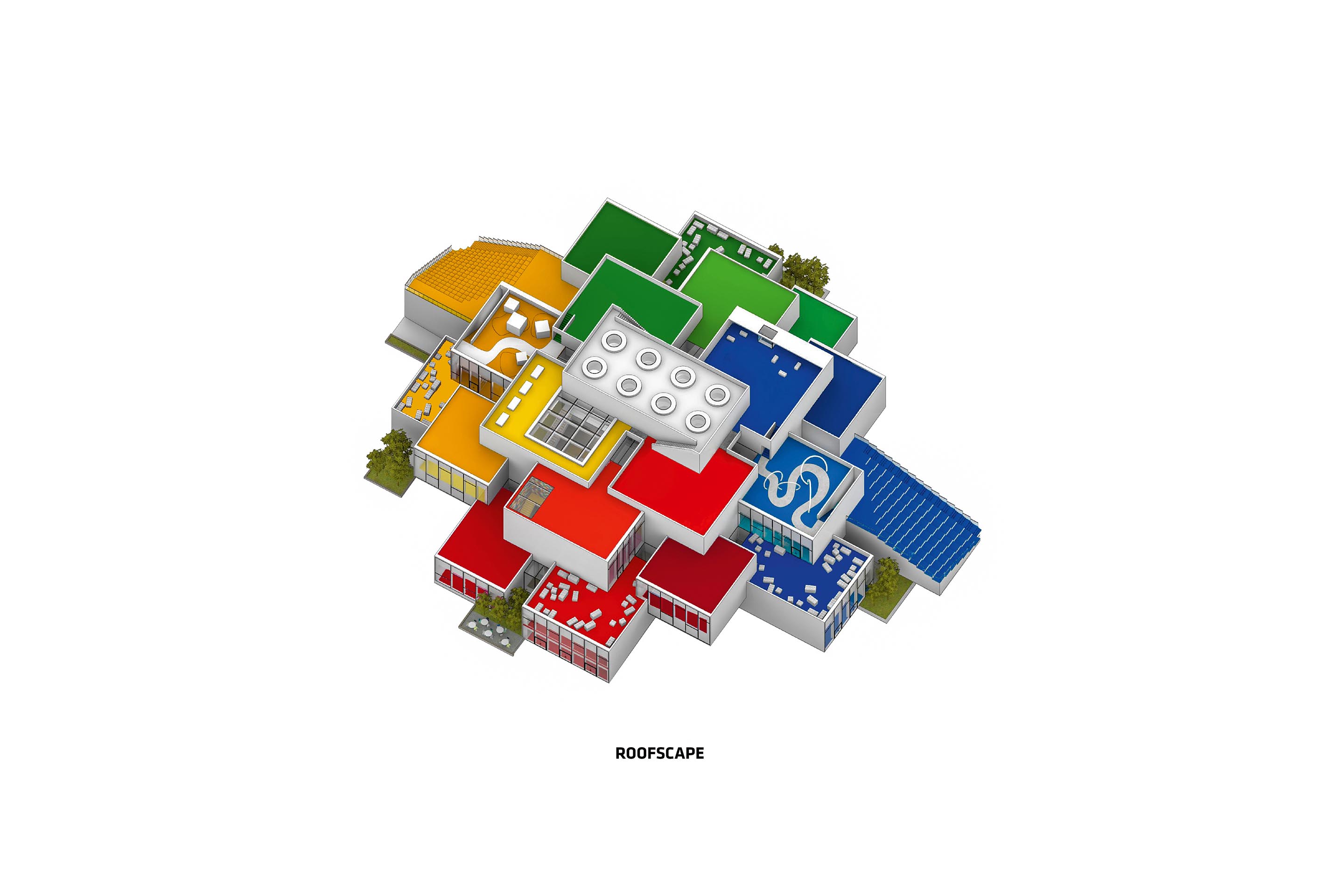 Axonometrie des Lego House: Zusätzlich zu den Erlebnis­zonen im Haus (Rot steht für die kreativen Fähigkeiten,  Blau für kognitive Fähigkeiten, Grün für soziale Fähigkeiten und Gelb für emotionale Fähigkeiten) bietet die Dachlandschaft einen öffentlichen Raum mit einer Reihe miteinander verbun­dener Aussenterrassen und Spielplätzen.