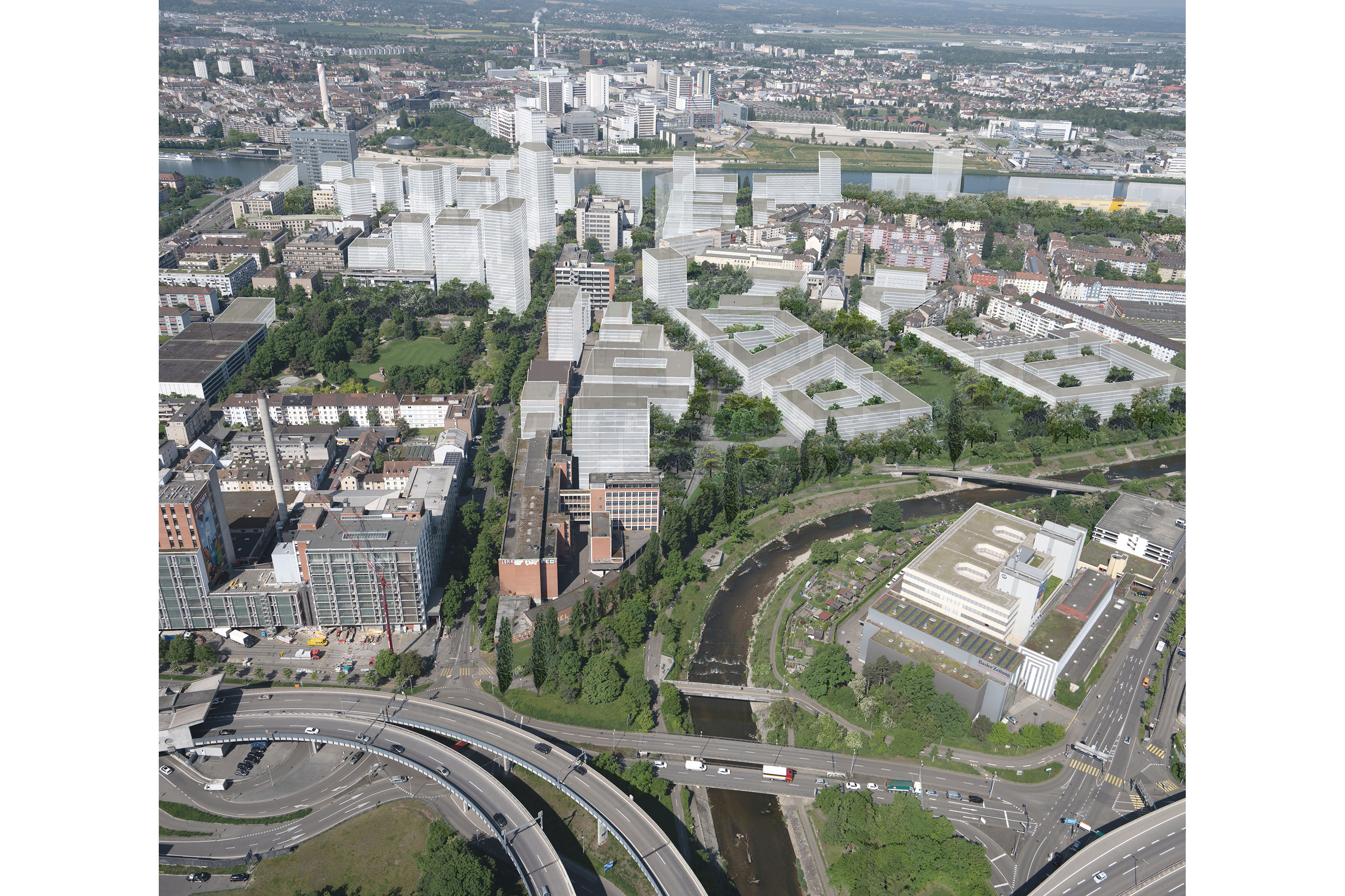 Das Klybeck-Areal ist mit knapp 30 Hektaren das grösste Transformationsareal in Basel. Luftbild Mauerstrasse.