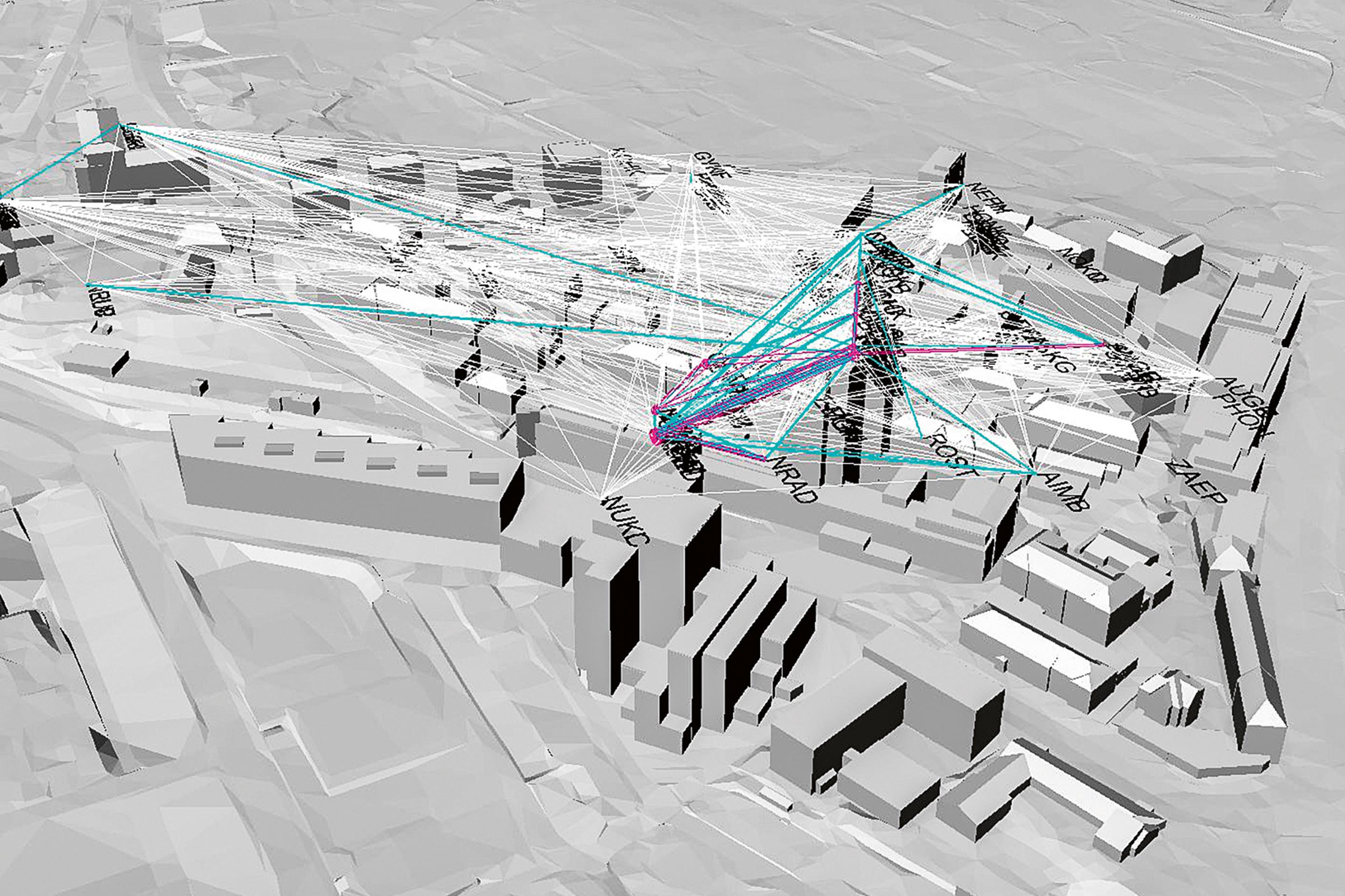 Analyse der Vernetzung der für Patientinnen und Patienten relevanten Stationen des Inselspitals Bern. Das Diagramm zeigt, dass die häufigsten Bewegungen zwischen dem Notfallzentrum (NOTF) und der Diagnostischen, Interventionellen und Pädiatrischen Radiologie (DIPR) sowie der Diagnostischen und Interventionellen Neuroradiologie (DIN) stattfinden. Deshalb wurde bei der  Planung des Anna-Seiler-Hauses genau darauf geachtet, diese Wege kurz und betrieblich effizient zu gestalten. Das Grundprinzip der kurzen Weg
