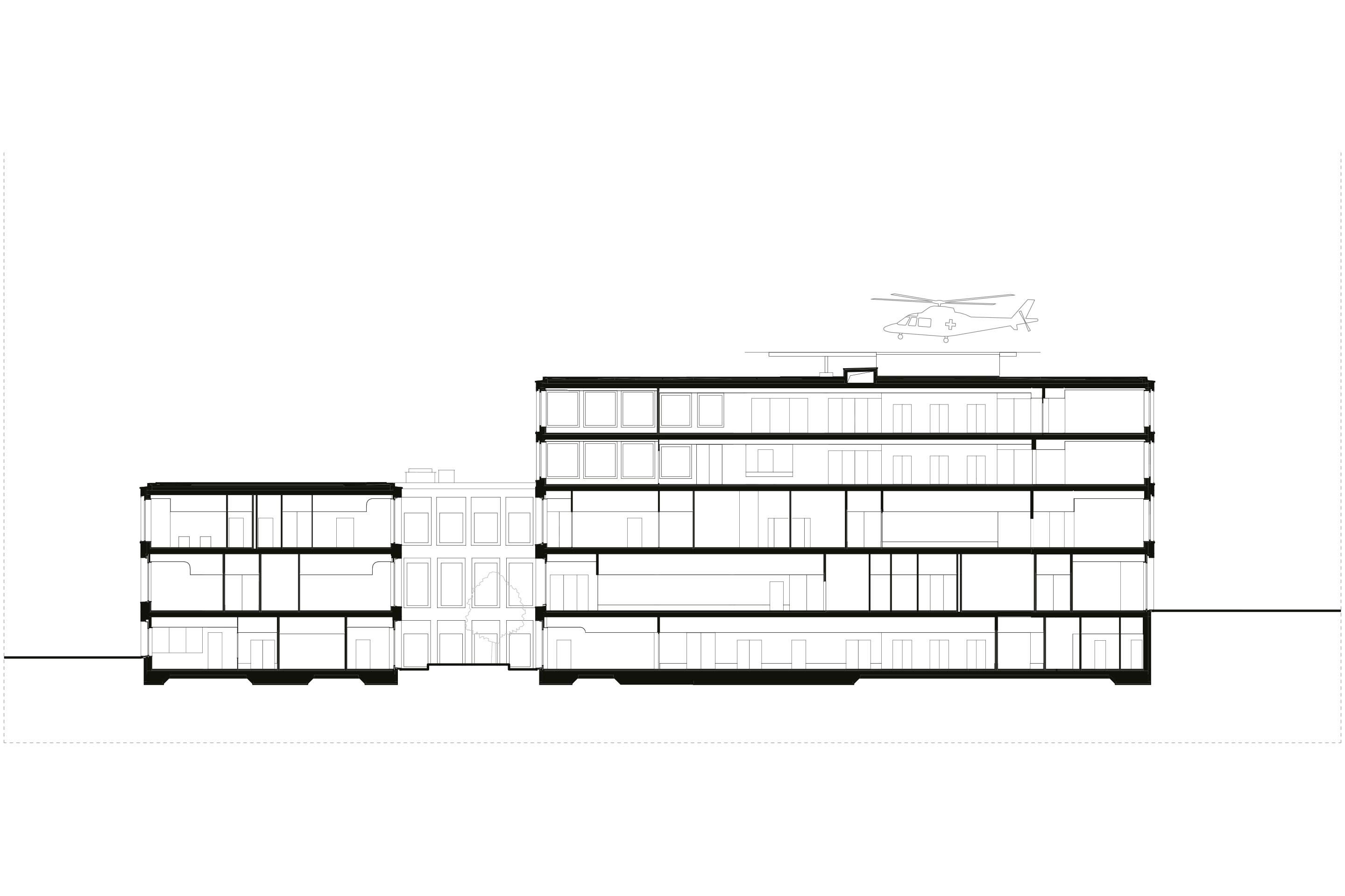 Schnitt durch den Neubau: Grosse Fenster und ein Innenhof bringen viel Tageslicht in die Innenräume.
