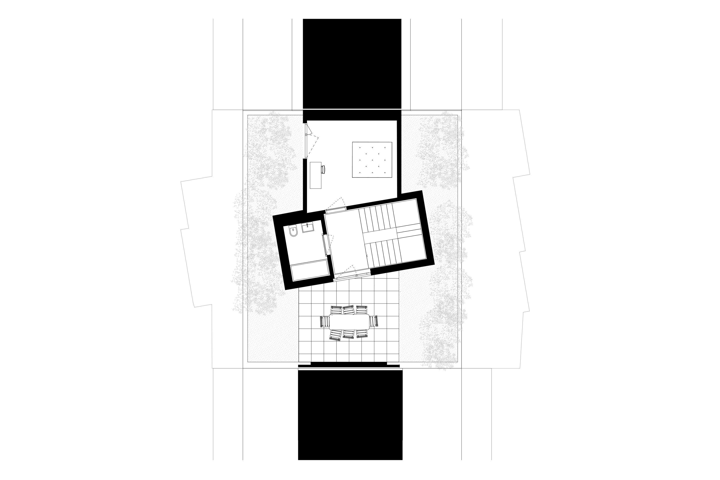 Plan attique, avec chambre d’amis, salle de bain et terrasse communes.