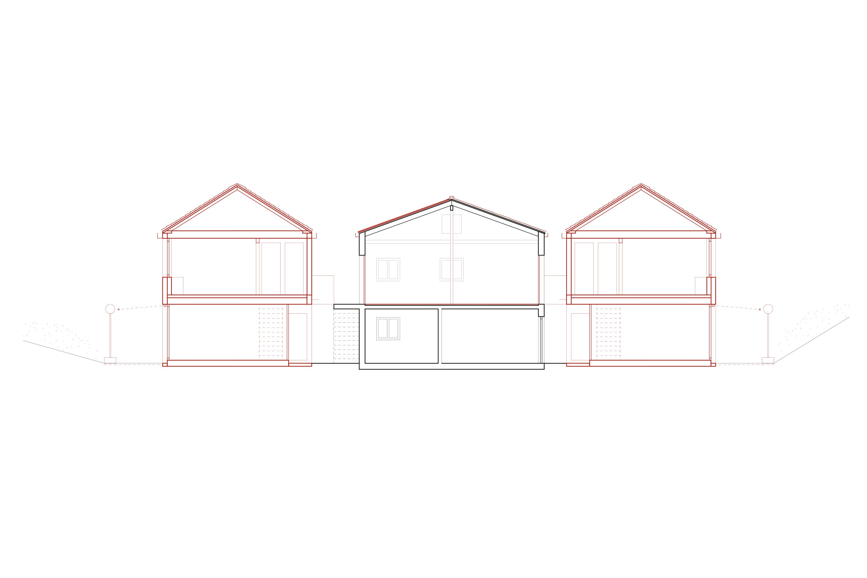 Coupe. L’ancienne maison familiale devient pivot du projet, autour duquel les extensions se développent.