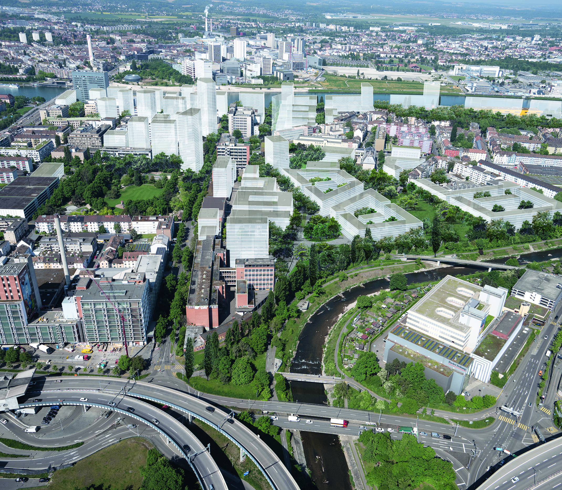 Avec près de 30 hectares, le site de Klybeck est la plus grande zone de transformation de Bâle. Vue aérienne de la Mauerstrasse.