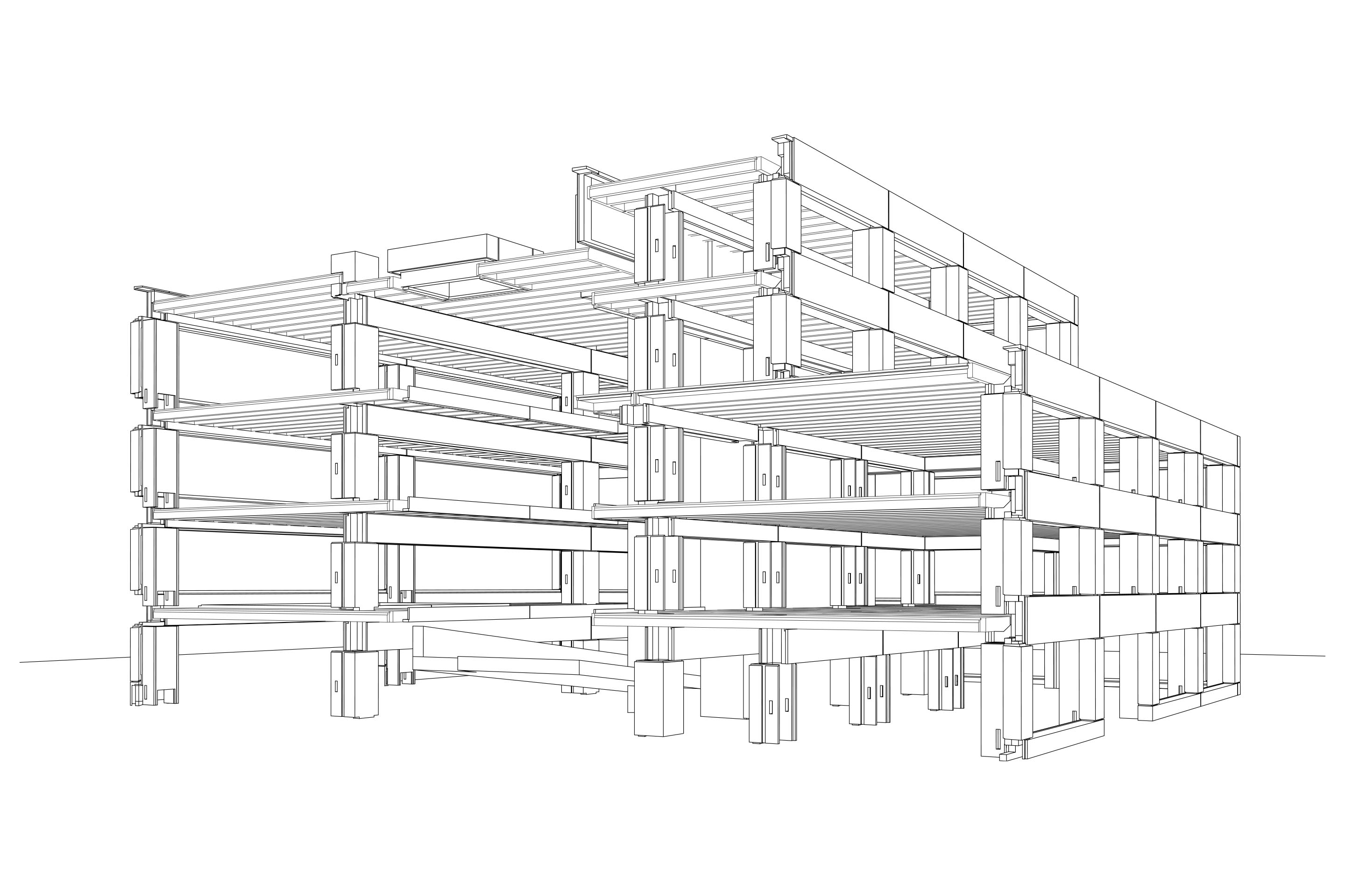 Préfabrication contemporaine: coupe perspective présentant la structure préfabriquée du campus SUPSI à Mendrisio (TI), bcma architectes, 2016-2021.