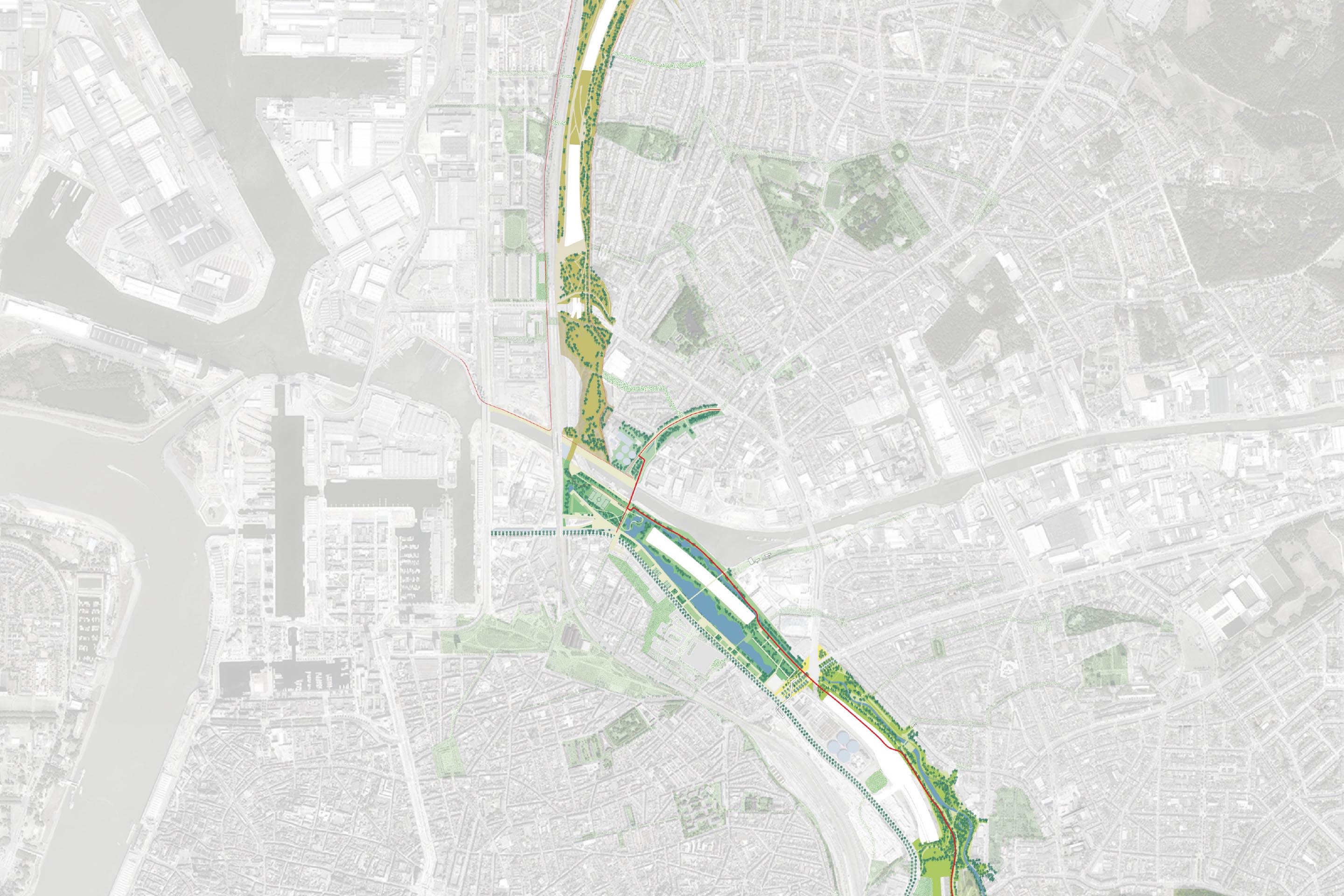 Partie nord du ring d’Anvers. Le projet prévoit, dans une première phase, d’enterrer ou de couvrir l’autoroute actuelle sur une longueur de plus de 9 km. Cela afin de créer des espaces verts en surface, qui pourraient être reliés aux parcs déjà existants de la ville.