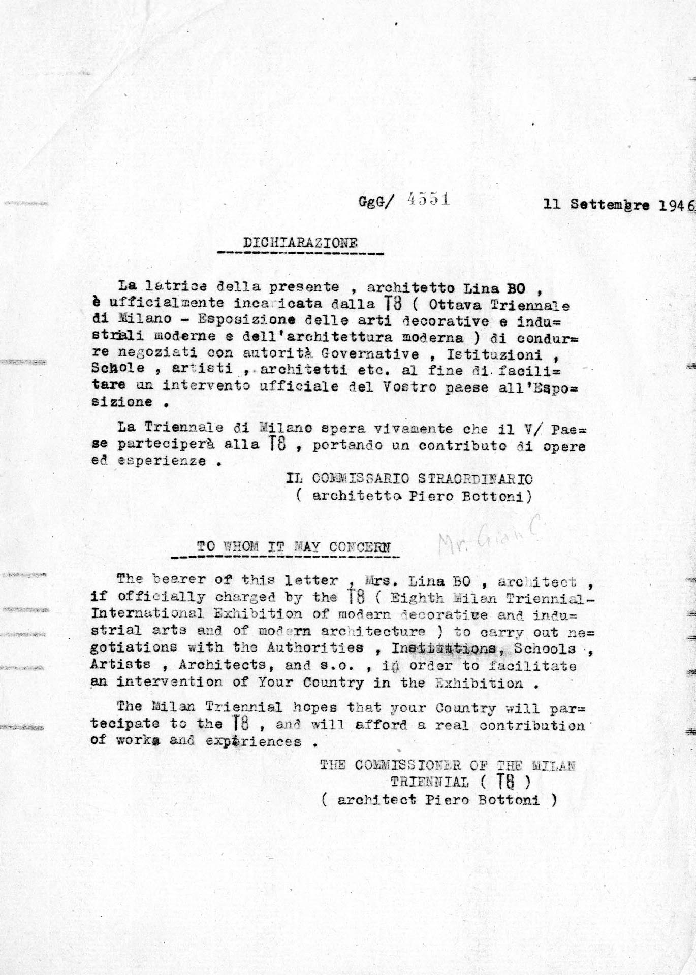 Bozza della Dichiarazione allegata alla lettera di Piero Bottoni a Lina Bo Bardi, 11 settembre 1946.