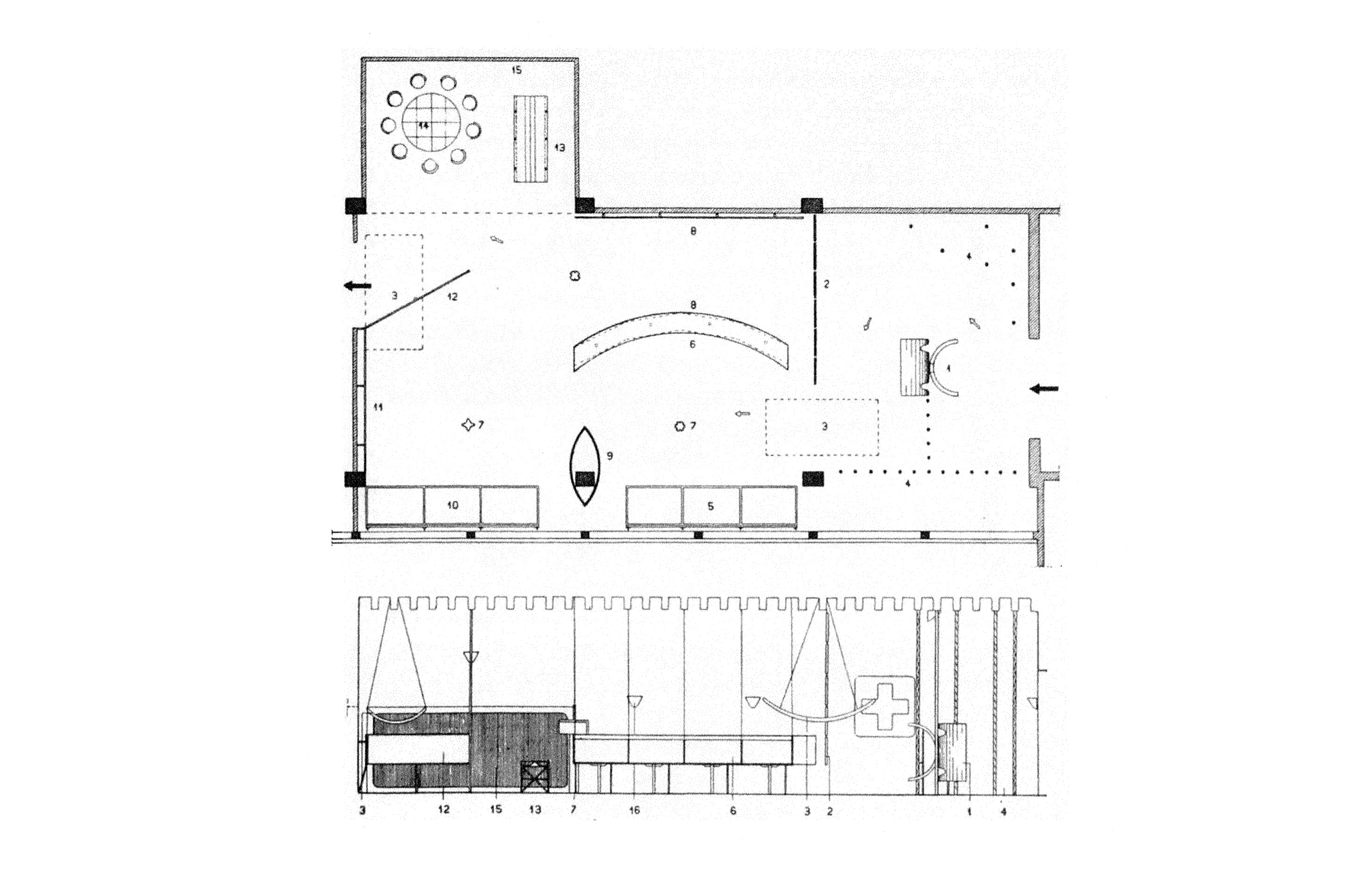 VI Triennale, Sezione Svizzera, 1936. Allestimento di Max Bill, pianta e sezione longitudinale.