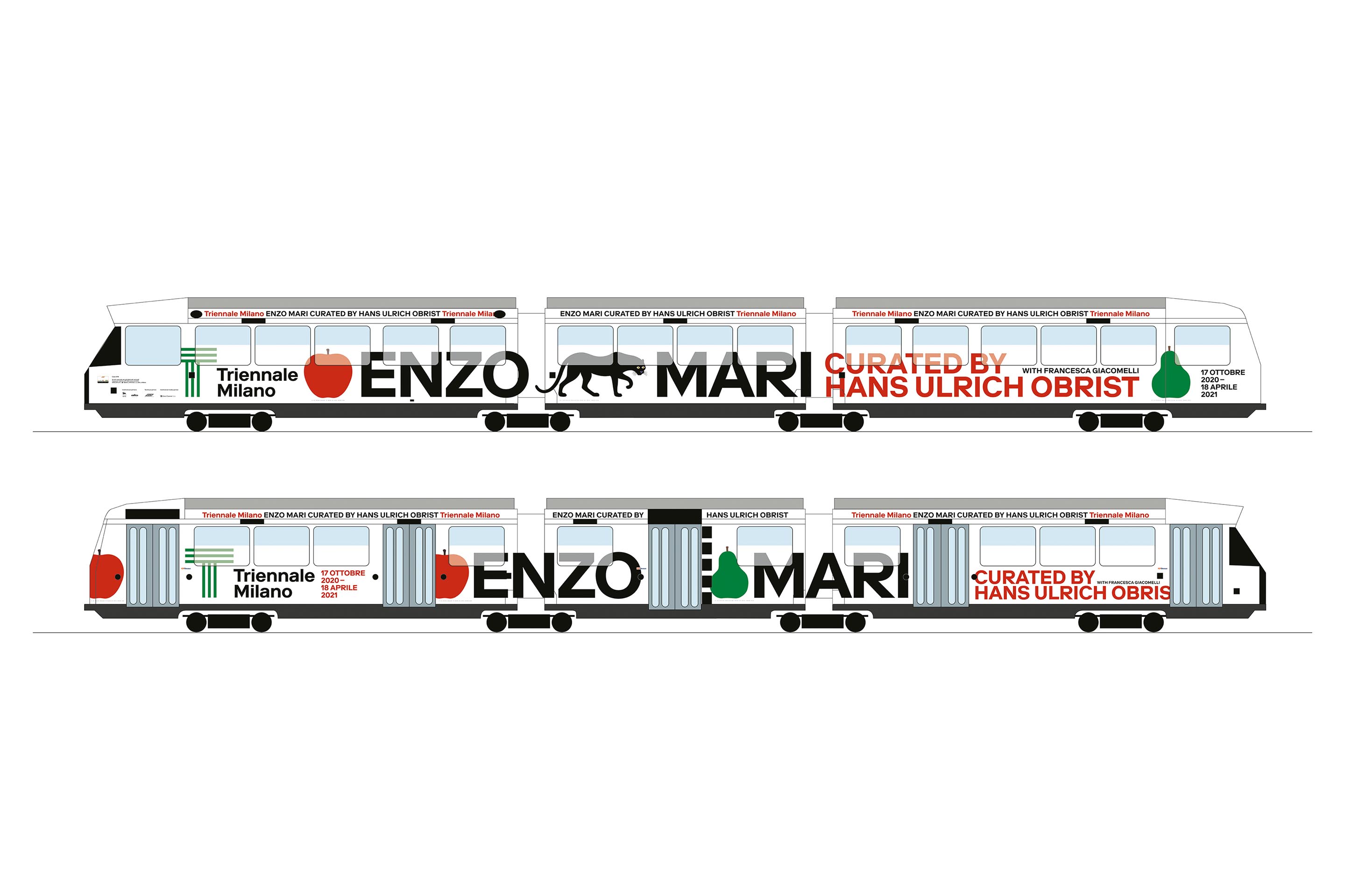 Tram pubblicitario per la mostra Enzo Mari curata da Hans Ulrich Obrist, 2020.