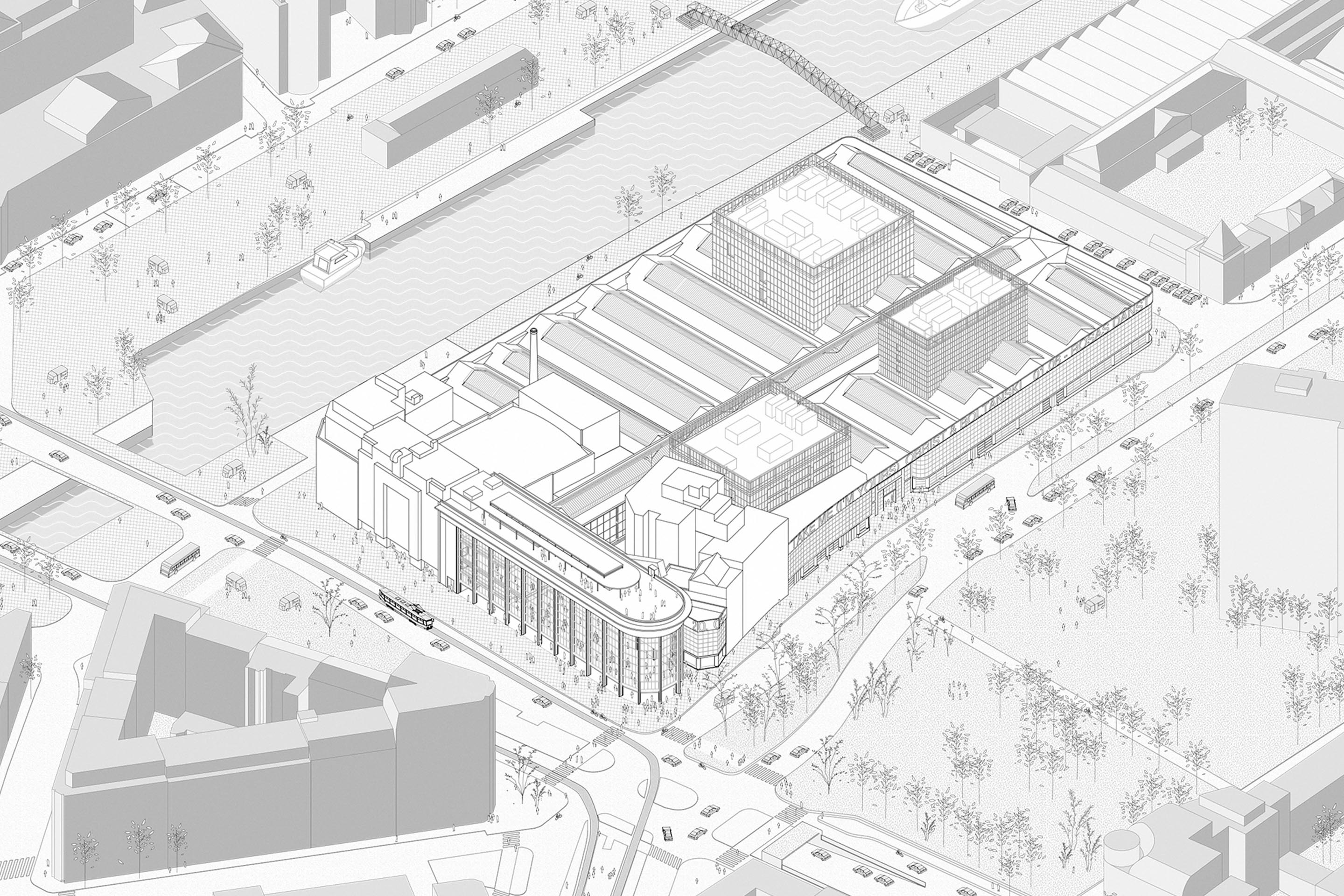 Der auffällige Autoverkaufsraum an der Strassenkreuzung wird zukünftig Museumsbesucher anziehen. Die neu eingestellten rechteckigen Volumen halten sich formal zurück.