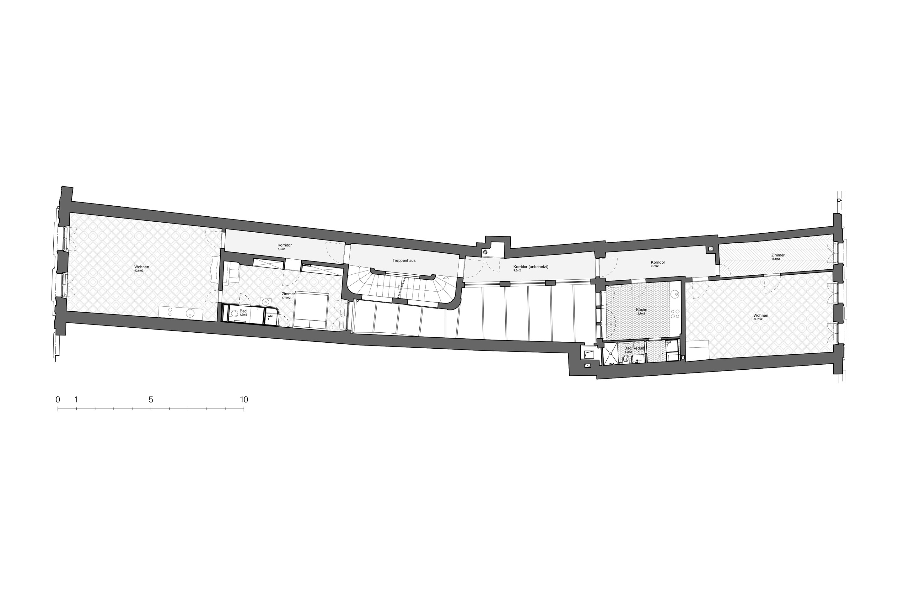 Im 2. Obergeschoss befindet sich in beiden Gebäuden je eine Zweizimmerwohnung.