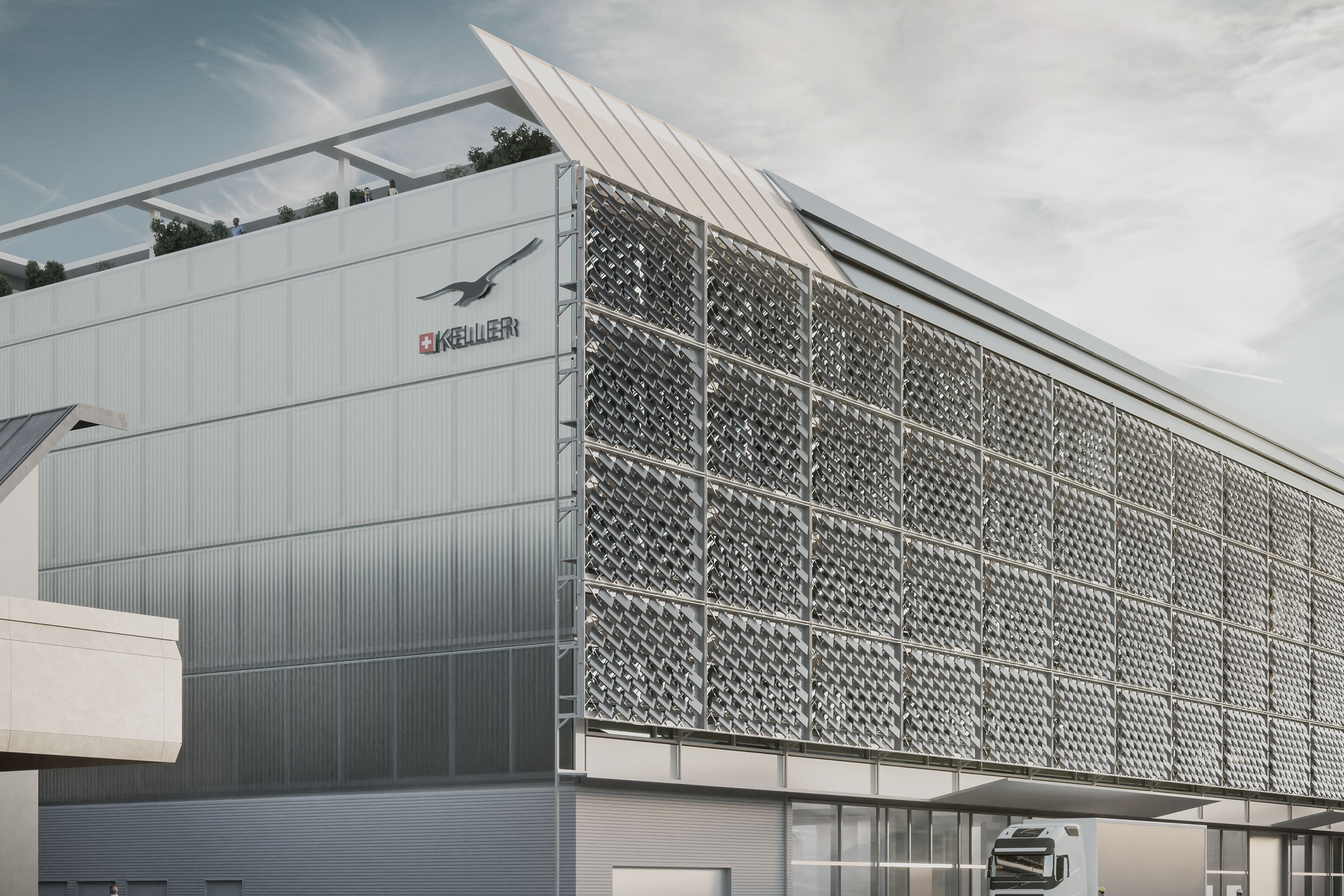 Der nationale Energiepreis zeichnet die Entwicklung einer beweglichen Solarfassade aus, deren Erstanwendung vor der Realisierung steht. Visualisierung des Gewinnerentwurfs für ein Firmengebäude in Winterthur (Strut Architekten).