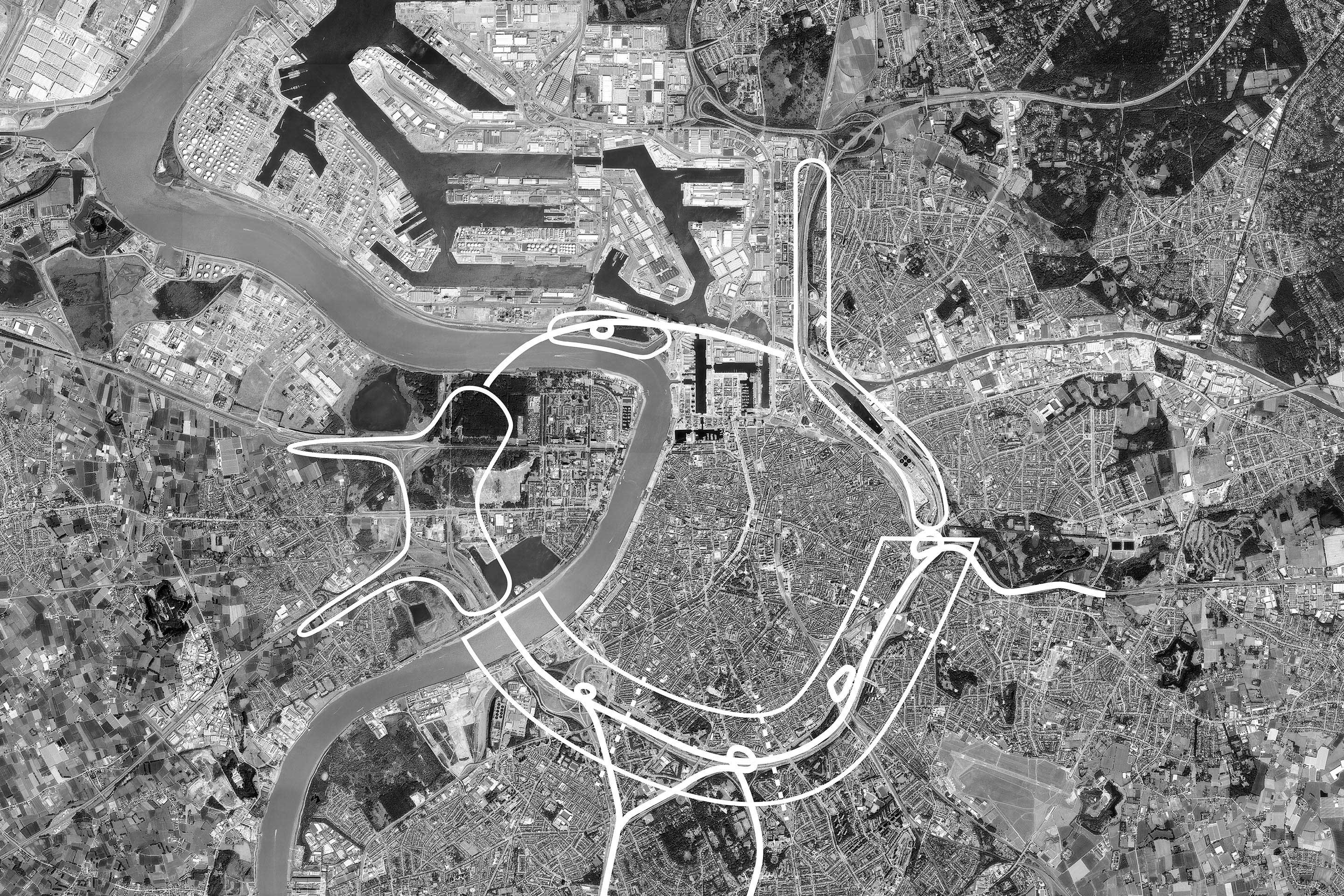 Satellitenansicht von Antwerpen. Der Ring umschliesst das Stadtzentrum im Norden, Osten und Süden.