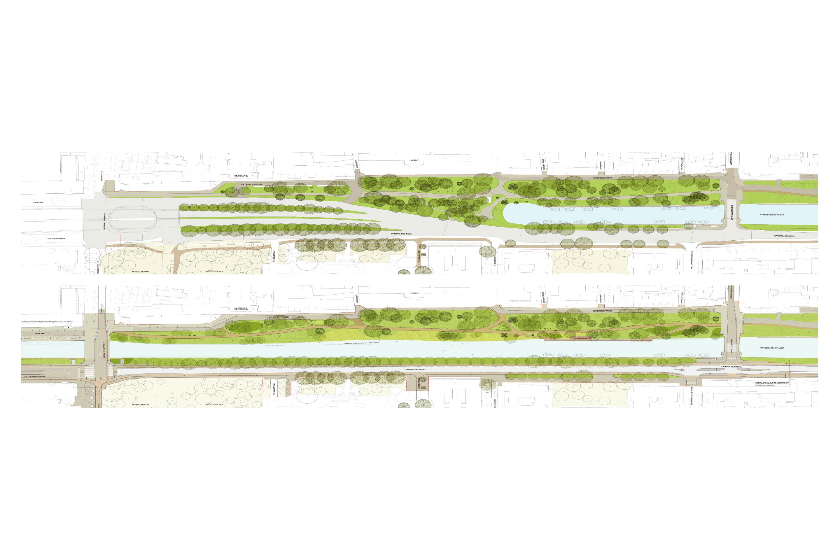 Die beiden Pläne zeigen die Situation während der Nutzung des Kanals als Autobahnarm (vorher) und den OKRA-Entwurf, der Elemente des Designs von Jan David Zocher aus dem 19. Jahrhundert aufgreift (nachher). Die Bäume in der westlichen Reihe stammen fast alle vom Mittelstreifen der Autobahn: Sie wurden während der Bauarbeiten versetzt und wirken nun, als wären sie schon immer dort gewesen.