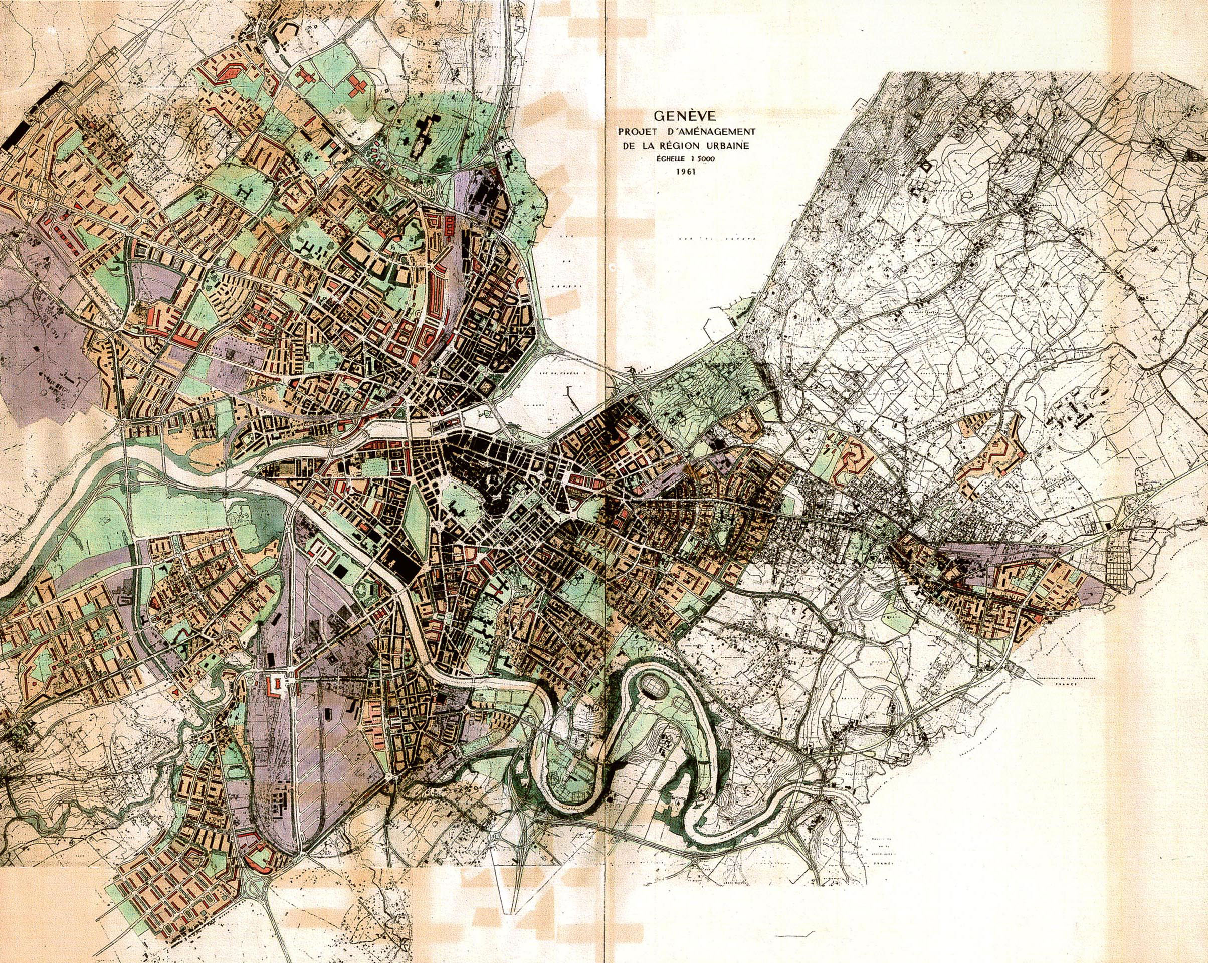 Plan Marais (1945-1966): 50 000 logements projetés dans de nouvelles cités périphériques. Plan issu de l’ouvrage 1896-2001 Projets d’urbanisme pour Genève, Institut d’architecture de l’Université de Genève, DAEL, Centre de recherche sur la rénovation urbaine.