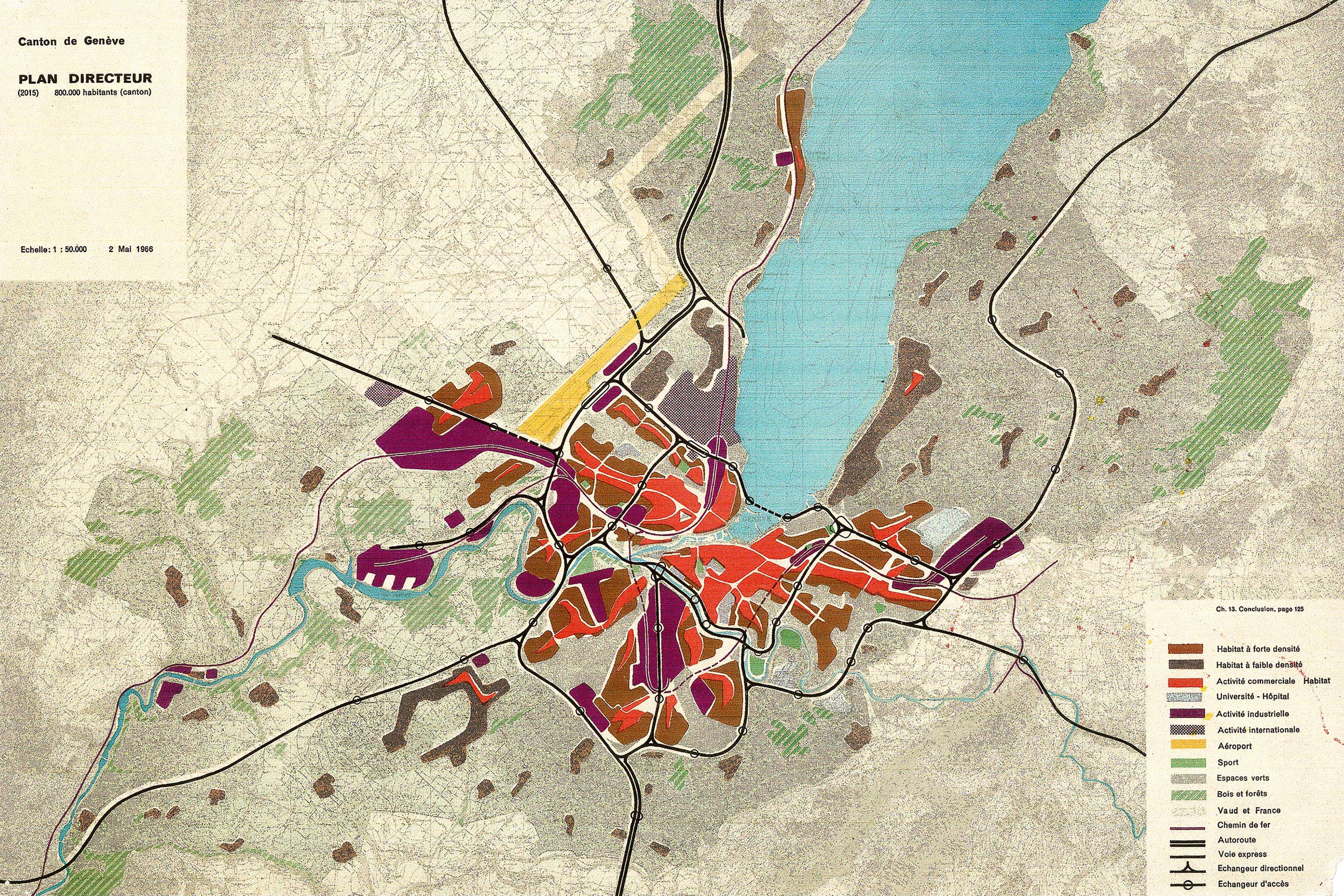 Plan directeur 2015 dit plan alvéolaire (1966): une ville de 800 000 habitants à l’horizon 2015, tablant sur une croissance de 10 000 habitants par an, structurée en alvéoles desservies par des voies express. Plan issu de l’ouvrage 1896-2001 Projets d’urbanisme pour Genève, Institut d’architecture de l’Université de Genève, DAEL, Centre de recherche sur la rénovation urbaine.