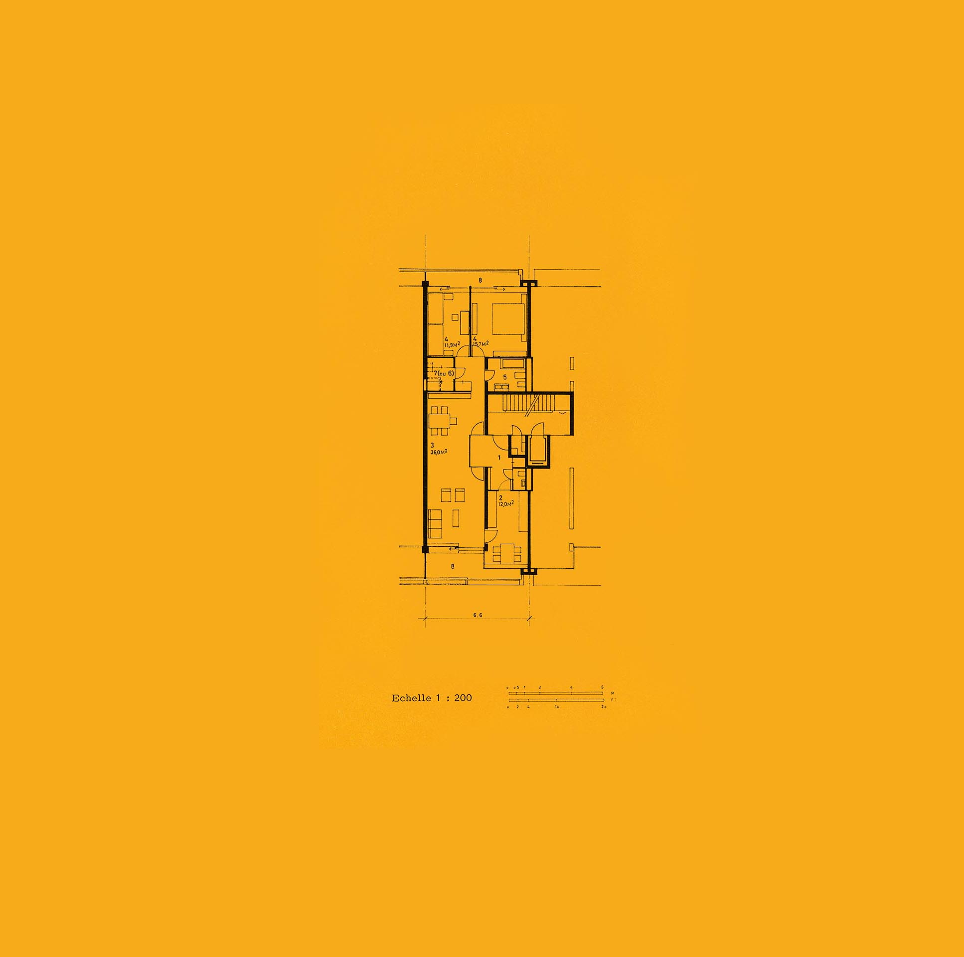 Plaquette promotionnelle pour les appartements du square de la Tourelle. Les typologies des appartements sont sensiblement les mêmes, mais les dimensions des pièces sont adaptées aux classes économiques, ou alors simplement doublées en taille. Un appartement de 2 chambres, hall-séjour, cuisine/dînette.