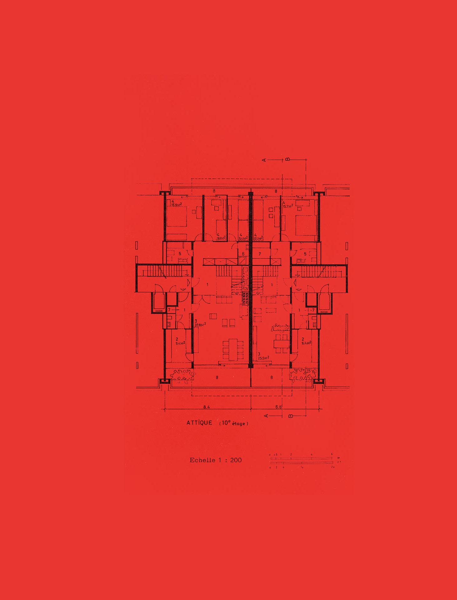 Plaquette promotionnelle pour les appartements du square de la Tourelle. Les typologies des appartements sont sensiblement les mêmes, mais les dimensions des pièces sont adaptées aux classes économiques, ou alors simplement doublées en taille. Un appartement duplex en attique (10e et 11e étage): 3 chambres, hall-séjour, cuisine et superstructure (hall, terrasse, escalier).