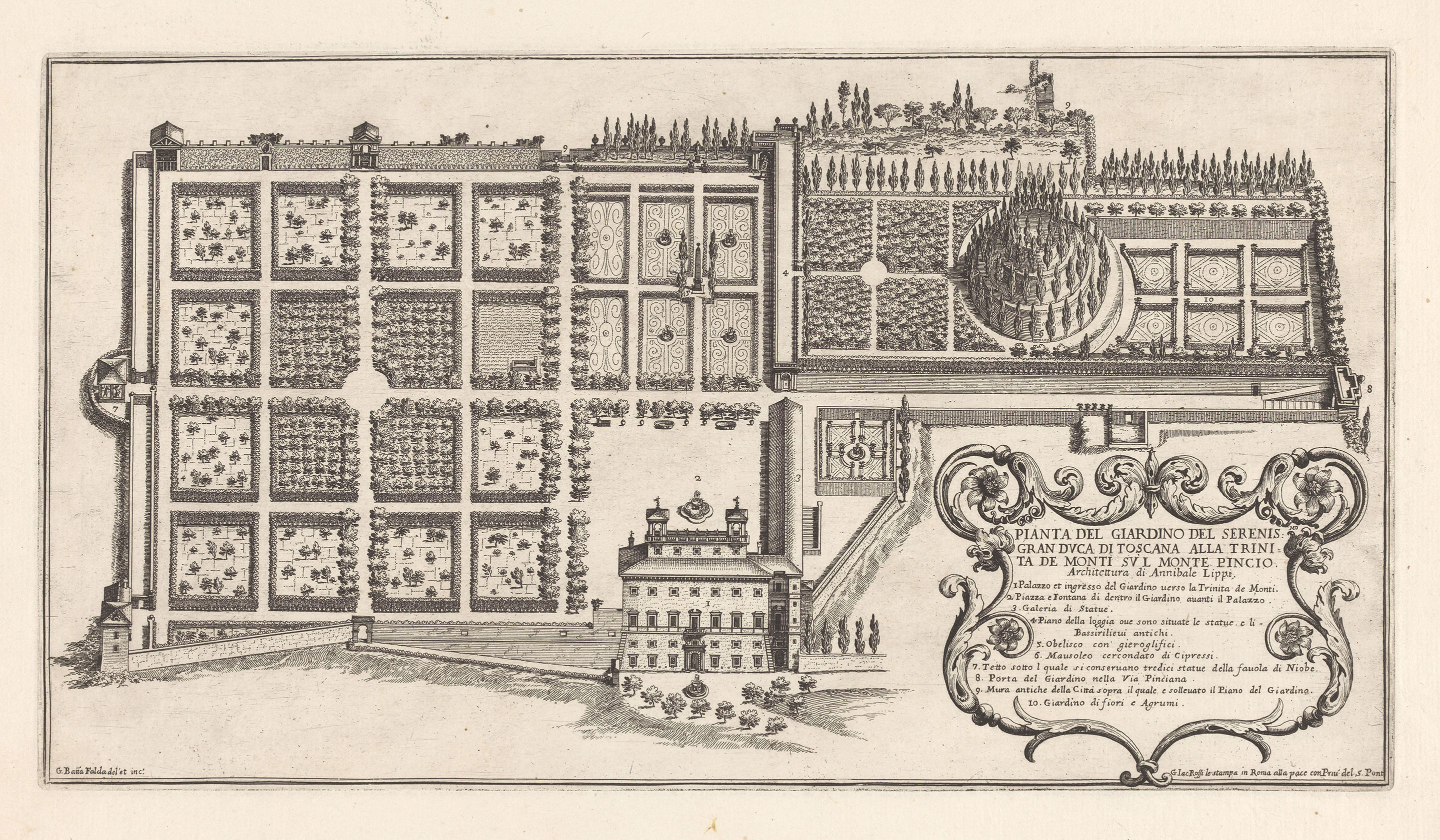 Giovanni Battista Falda, Plan des Gartens der Villa Medici in Rom, 1683