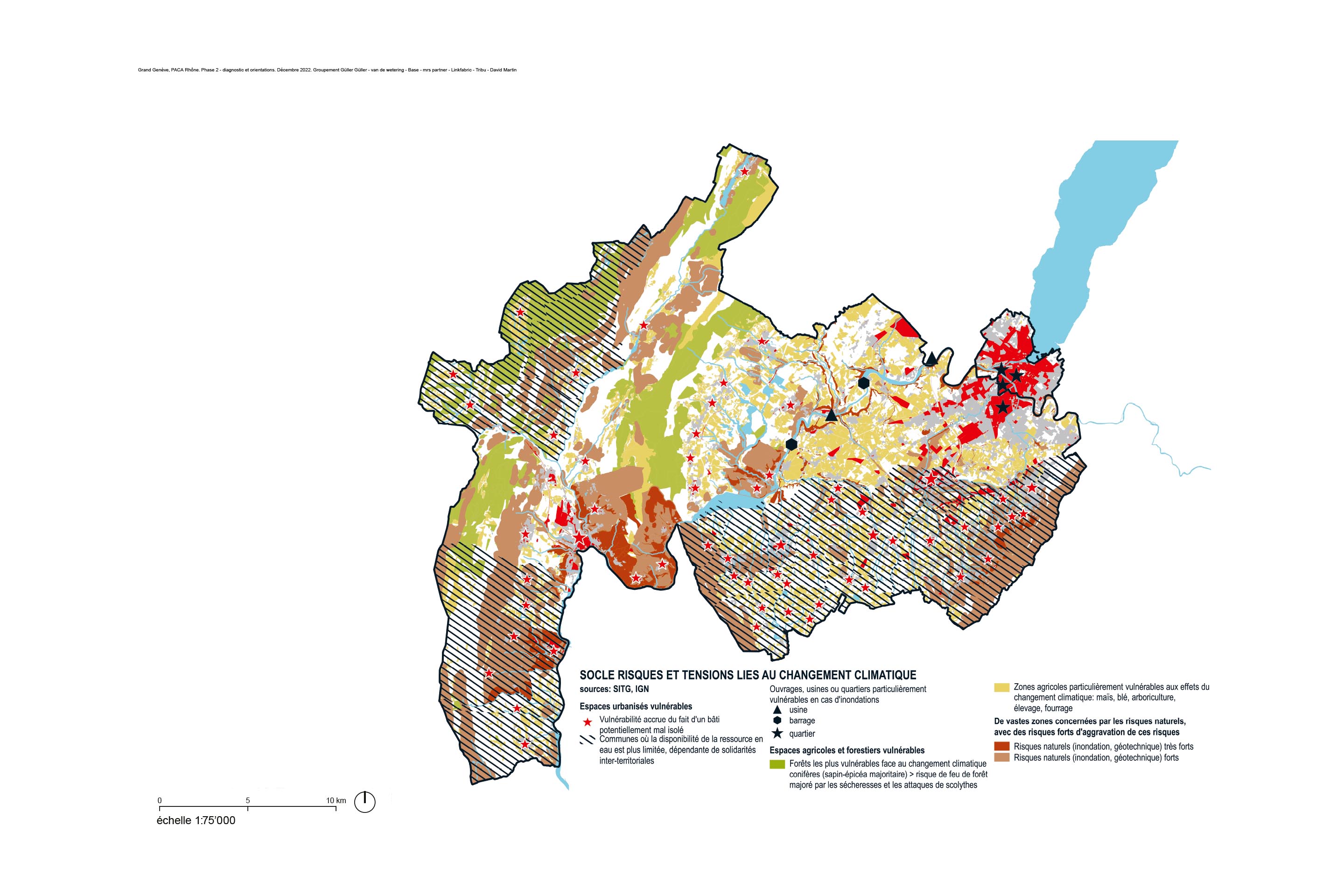 L’équipe Güller Güller (PACA Rhône) envisage les risques comme l’un des socles de la transition et une composante de projet. La carte présente les risques et tensions liés au changement climatique et montre la vulnérabilité de la majeure partie du PACA Rhône aux sécheresses, aux inondations, aux feux, aux glissements de terrain, etc.