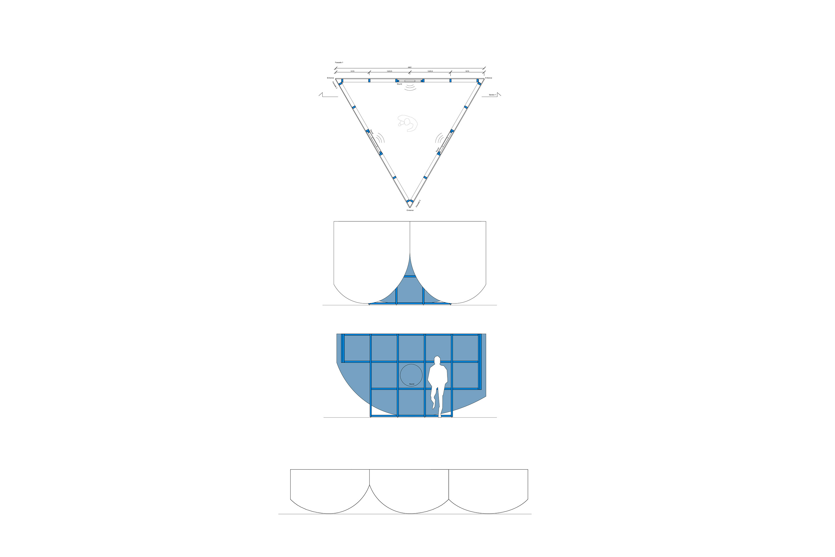 Die dreieckige Grundform des Holzbaus, das quadratische Raster und die Kreisausschnitte der Wandtafeln bilden ein einfaches geometrisches Vokabular.