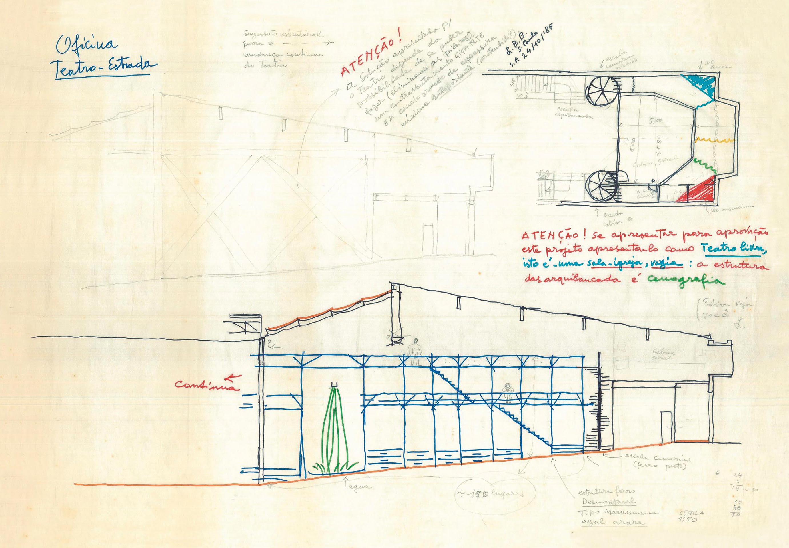 Lina Bo Bardi, schizzo del Teatro Oficina, San Paolo, 1984.
