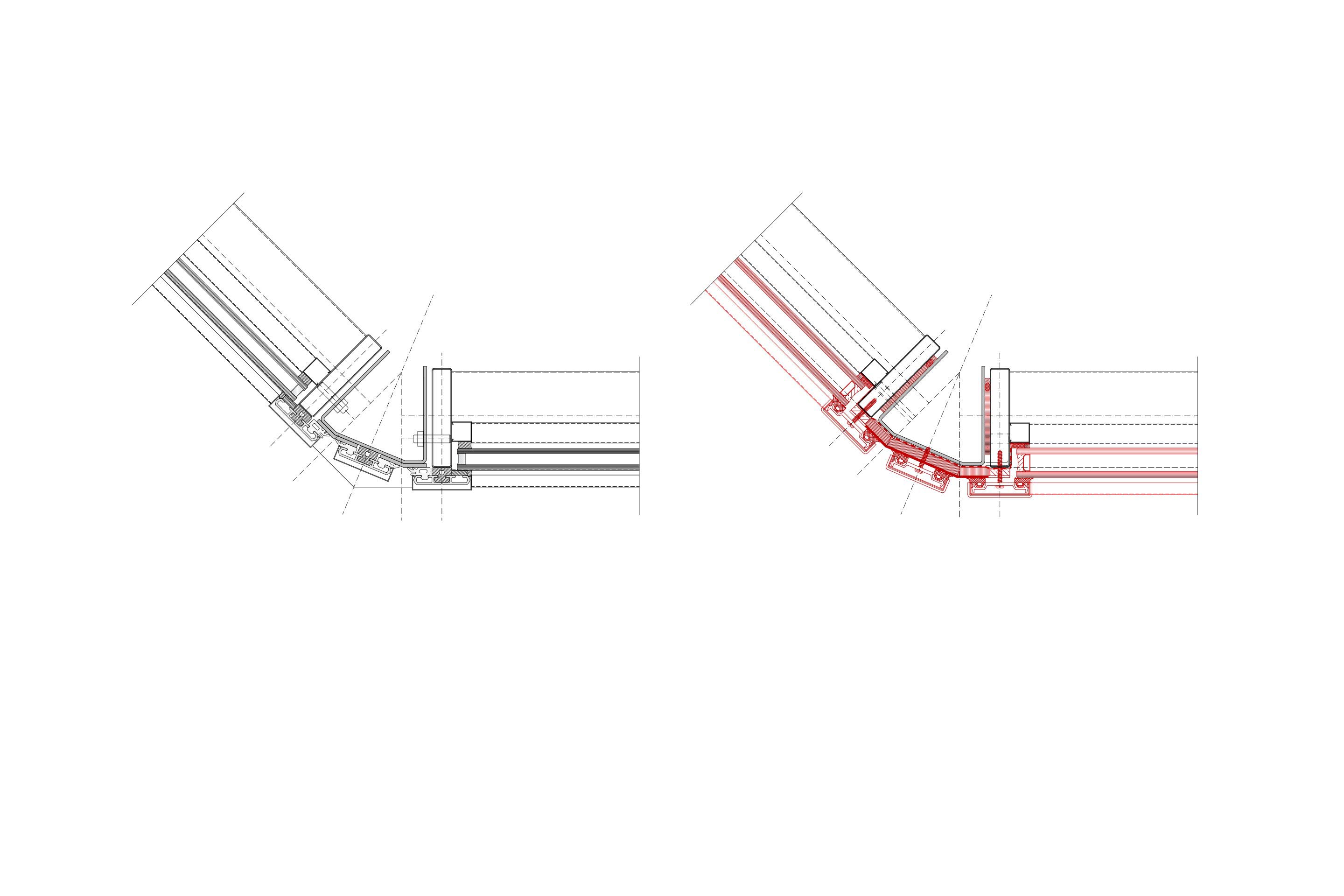 Pianta del particolare costruttivo del risanamento energetico della facciata dell’edificio didattico. Gli elementi strutturali sono stati conservati e il comportamento termico migliorato con l’aggiunta di uno strato continuo di isolamento di 9 mm di spessore tra questi ultimi e i profili di facciata riutilizzati.