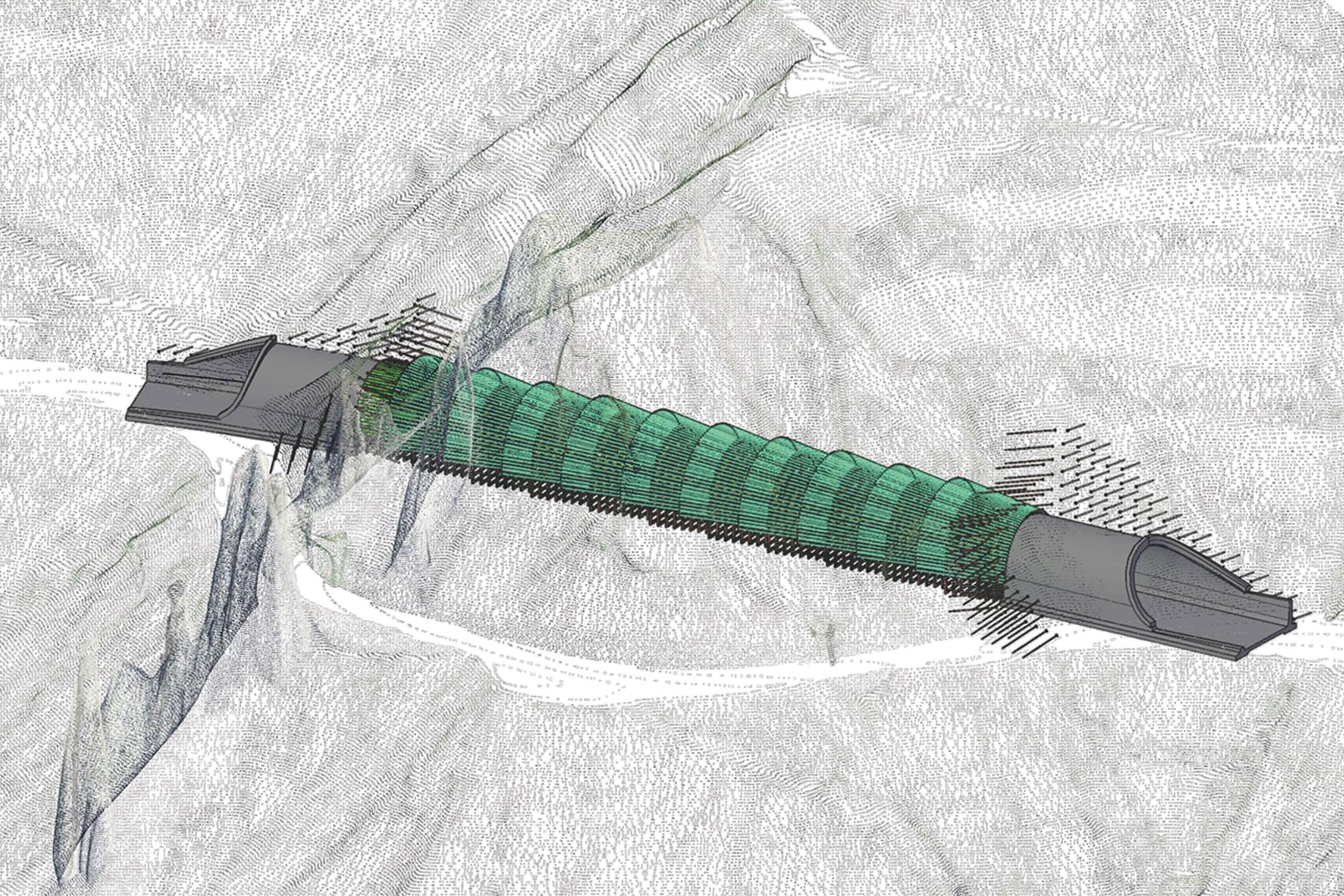 Modèle 3D du tunnel et de sa voûte parapluie. On distingue également les deux tranchées couvertes aux extrémités de l’ouvrage ainsi que le tracé de l’ancienne route.