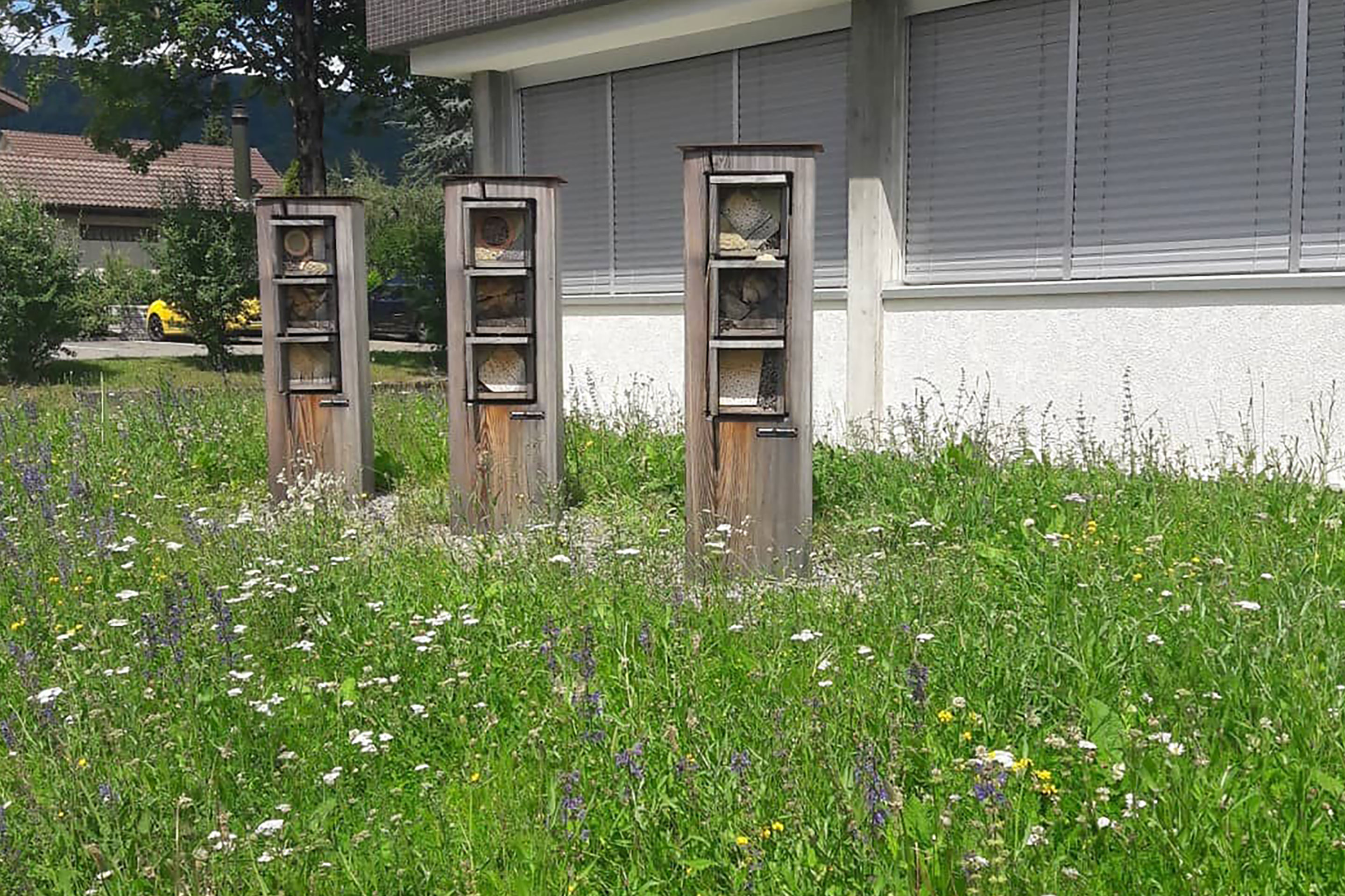 «Mehr Natur im Dorf», Küttigen, nach der Umgestaltung. Hier: Neue Wildbienenhäuschen.