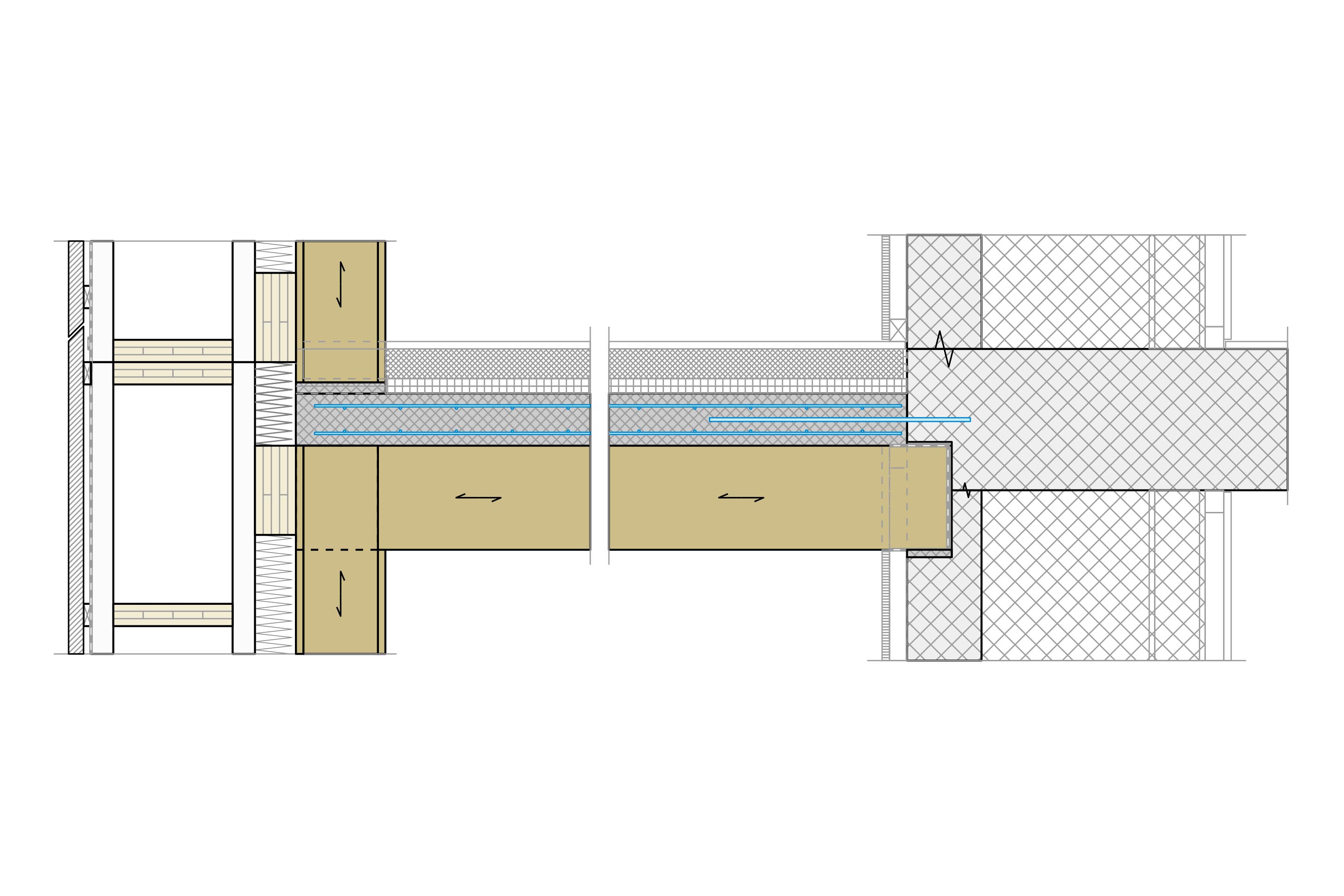 Coupe transversale sur poteau de façade et dalle composite bois-béton.