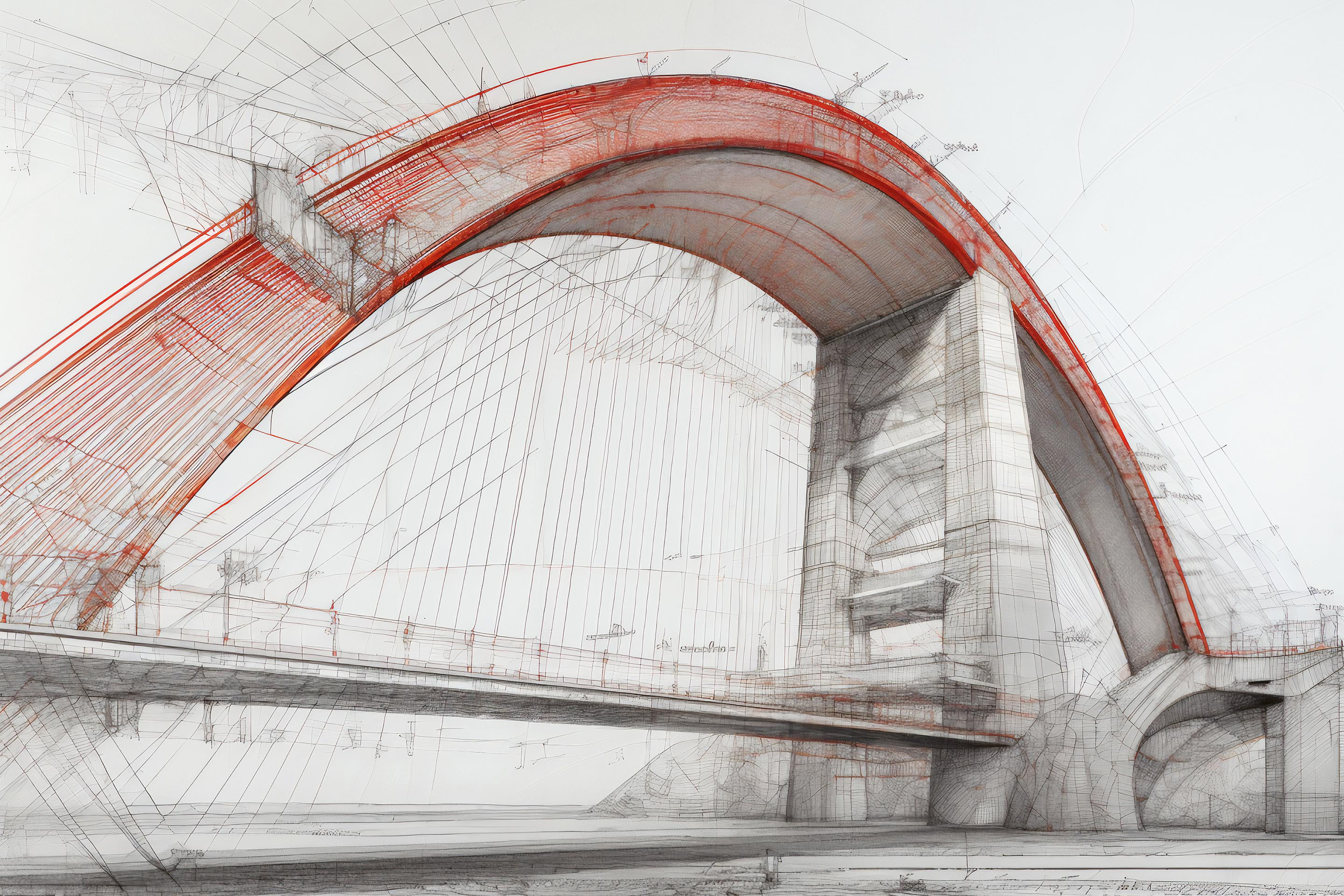 /imagine photography of an impressive tectonic concrete megastructure (Nervi inspiration) used as a bridge with large but filigranes arch spans superimposed with digital 3D technical drawings of the monitoring of this megastructure, red cloud of points, pencil drawn perspective and construction lines.