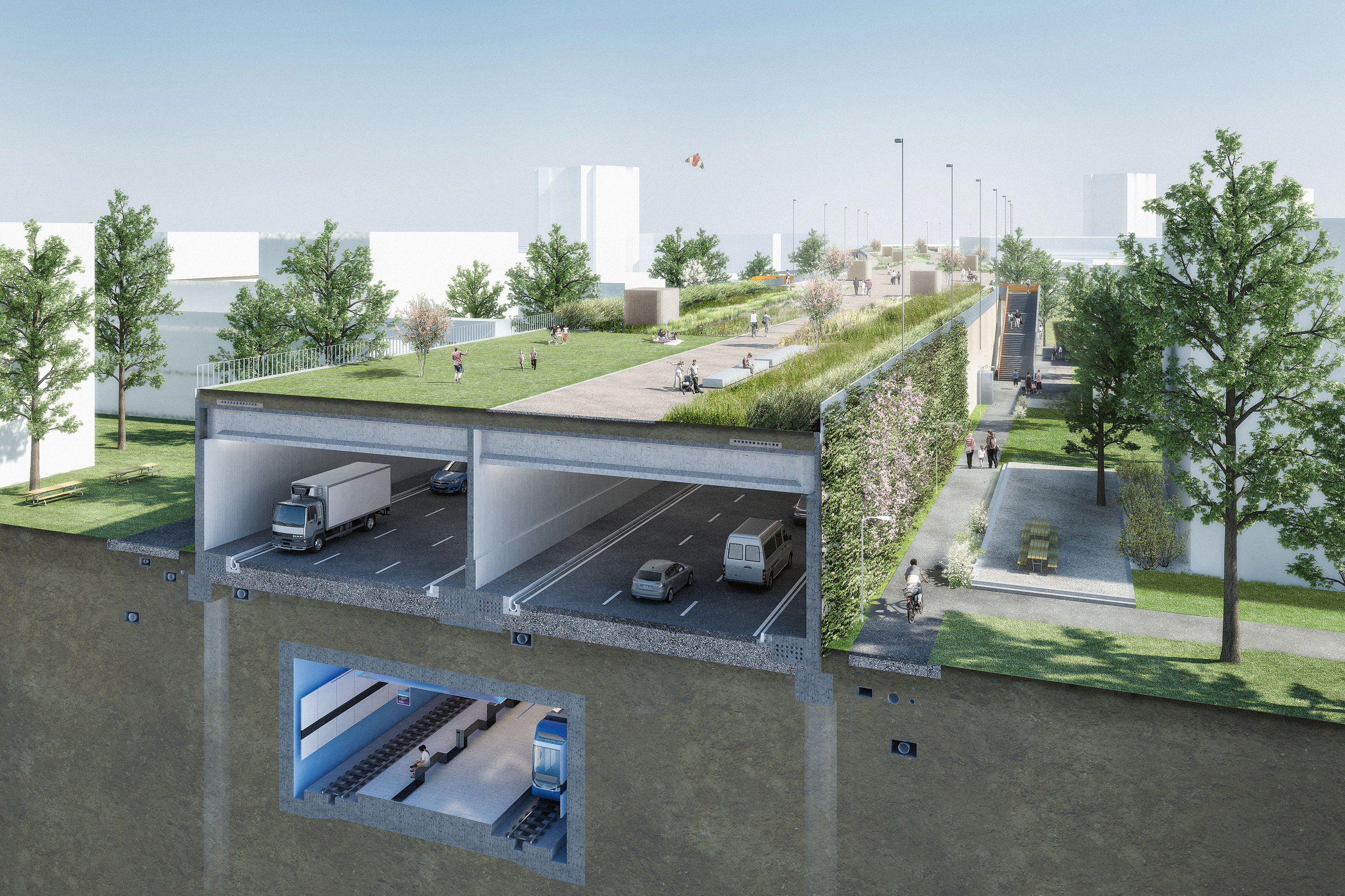 Bis 2024 entsteht auf dem Dach der Nationalstrasse (ihrerseits direkt über dem Tramtunnel liegend) ein quartierverbindender Park.