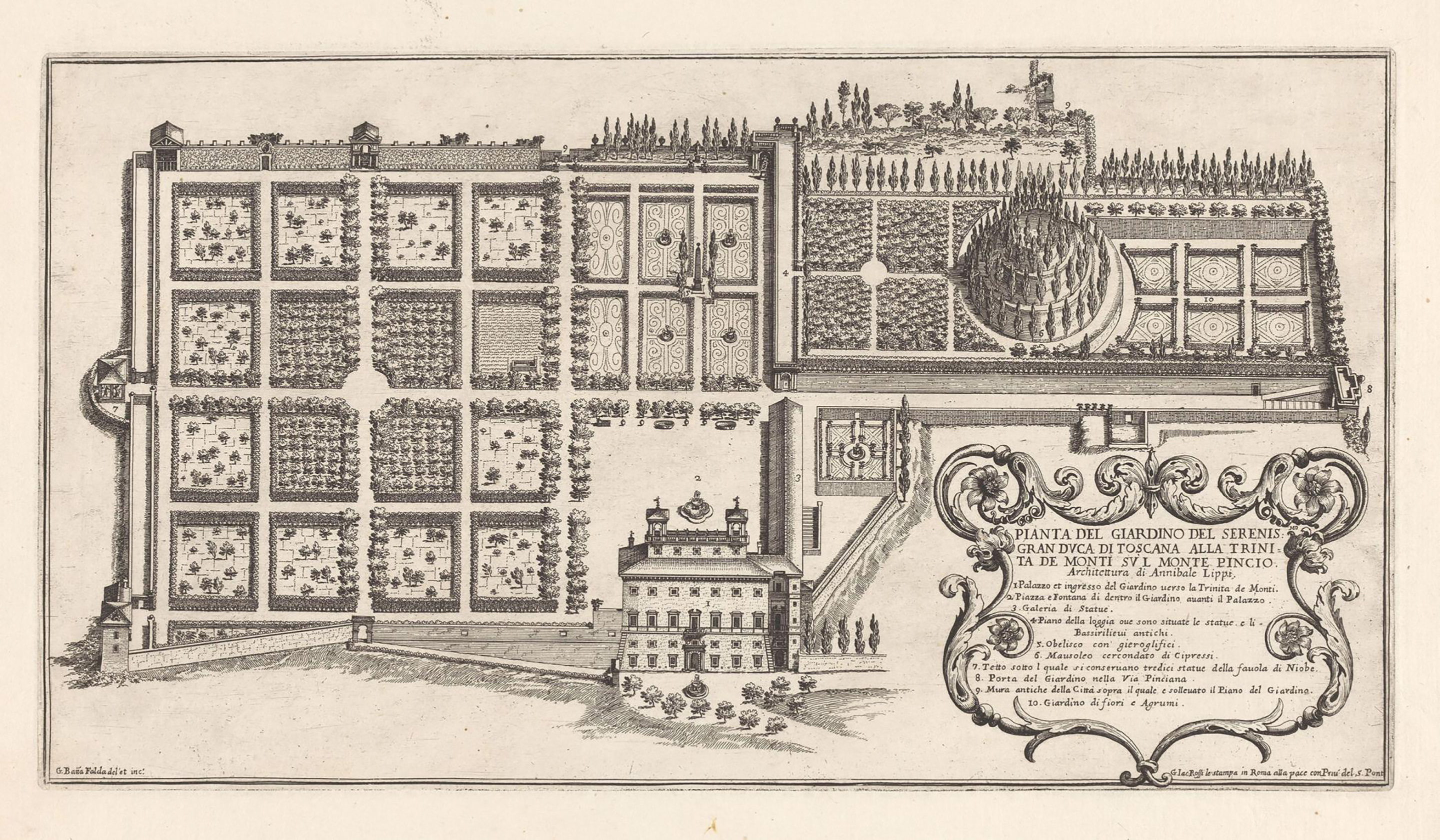 Giovanni Battista Falda, Pianta del giardino di Villa Medici a Roma, 1683.