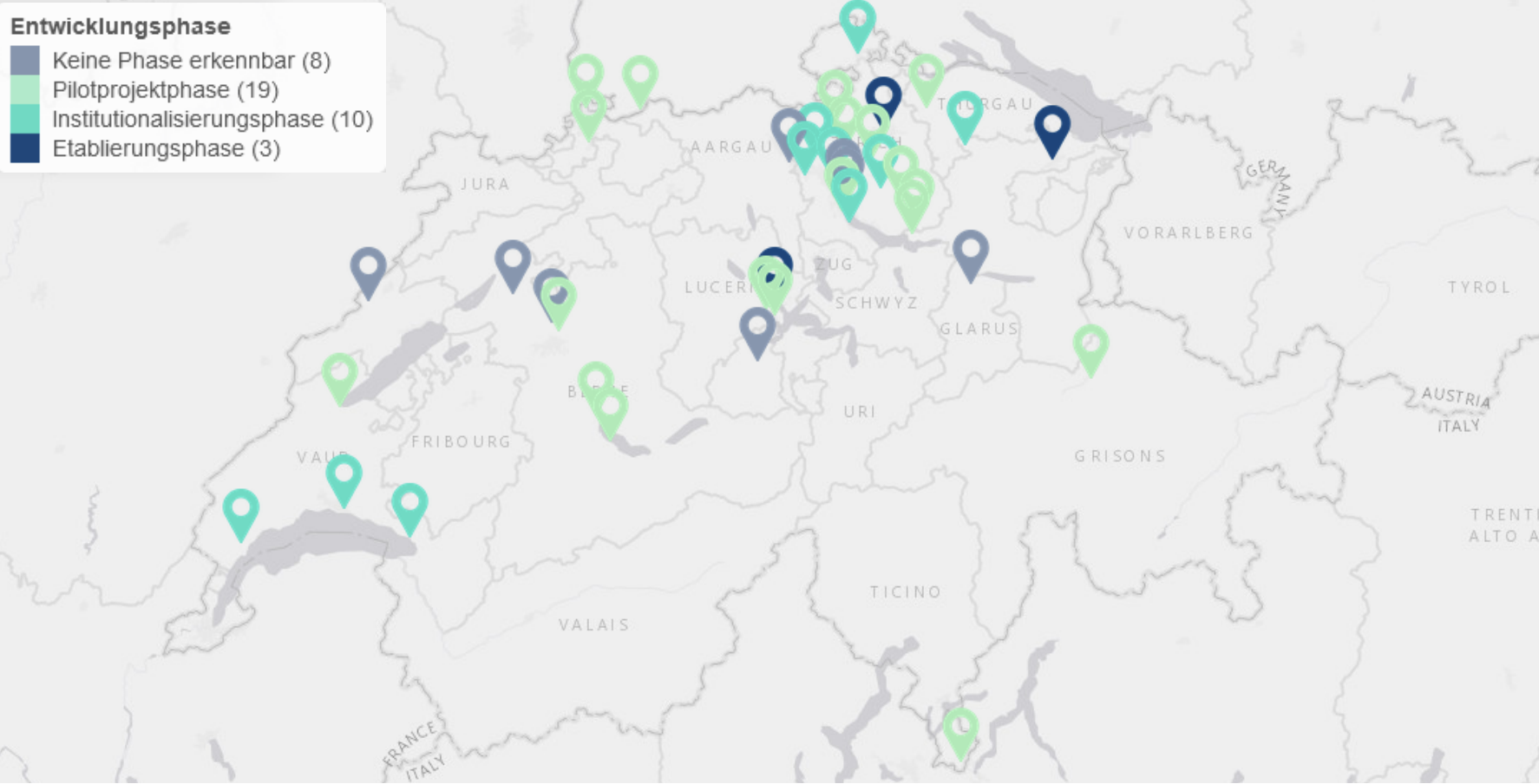Neben 47 Städten, die anonym bleiben möchten, haben diese 40 Städte am Swiss Smart City Survey 2022 teilgenommen. (Bildquelle: dashboard.smartcity-survey.ch).