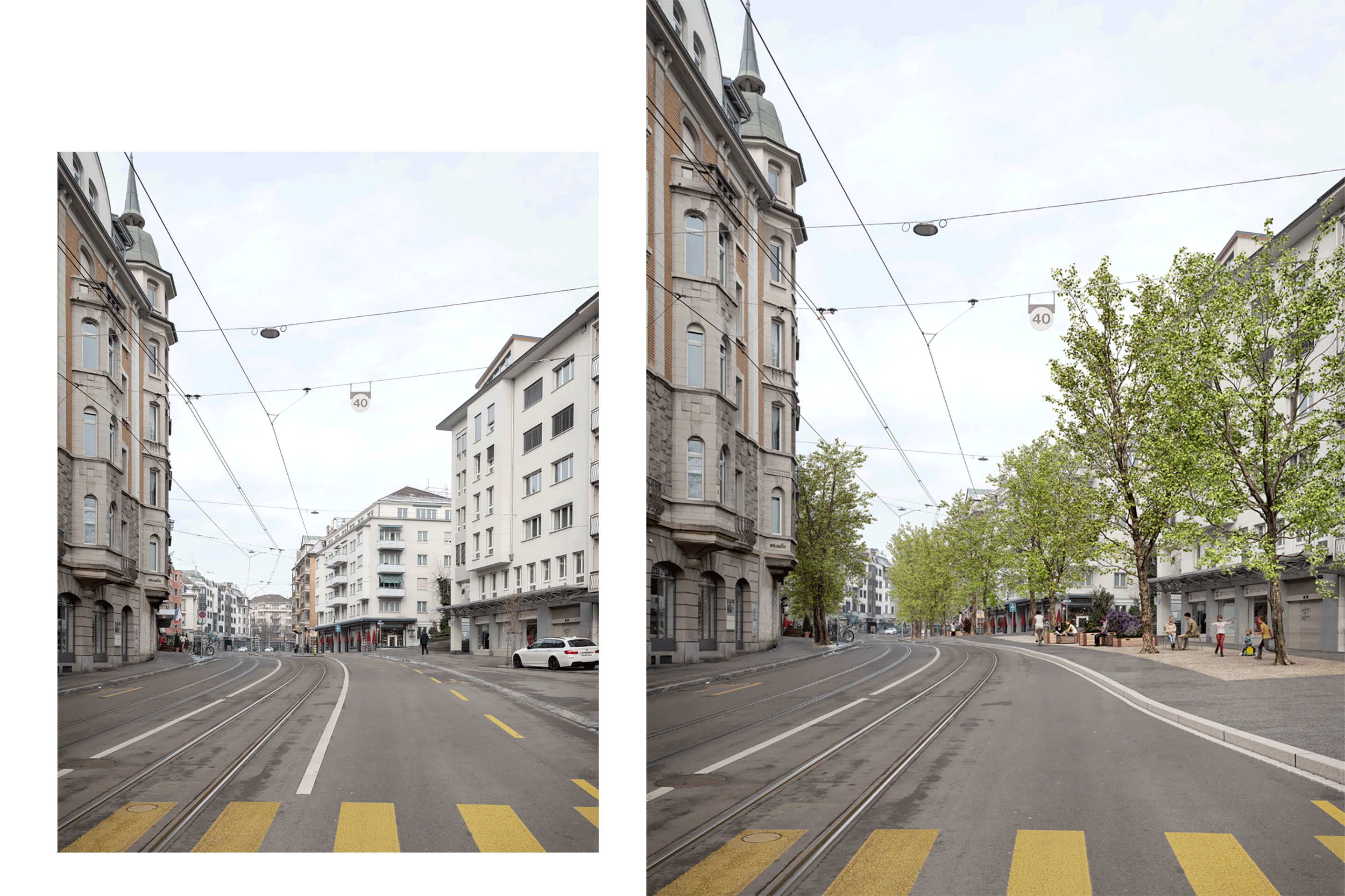 So könnte Stadtbegrünung aussehen: Tramhaltestelle Kronenstrasse in Zürich. links im Ist-Zustand, rechts mit möglicher Begrünung.