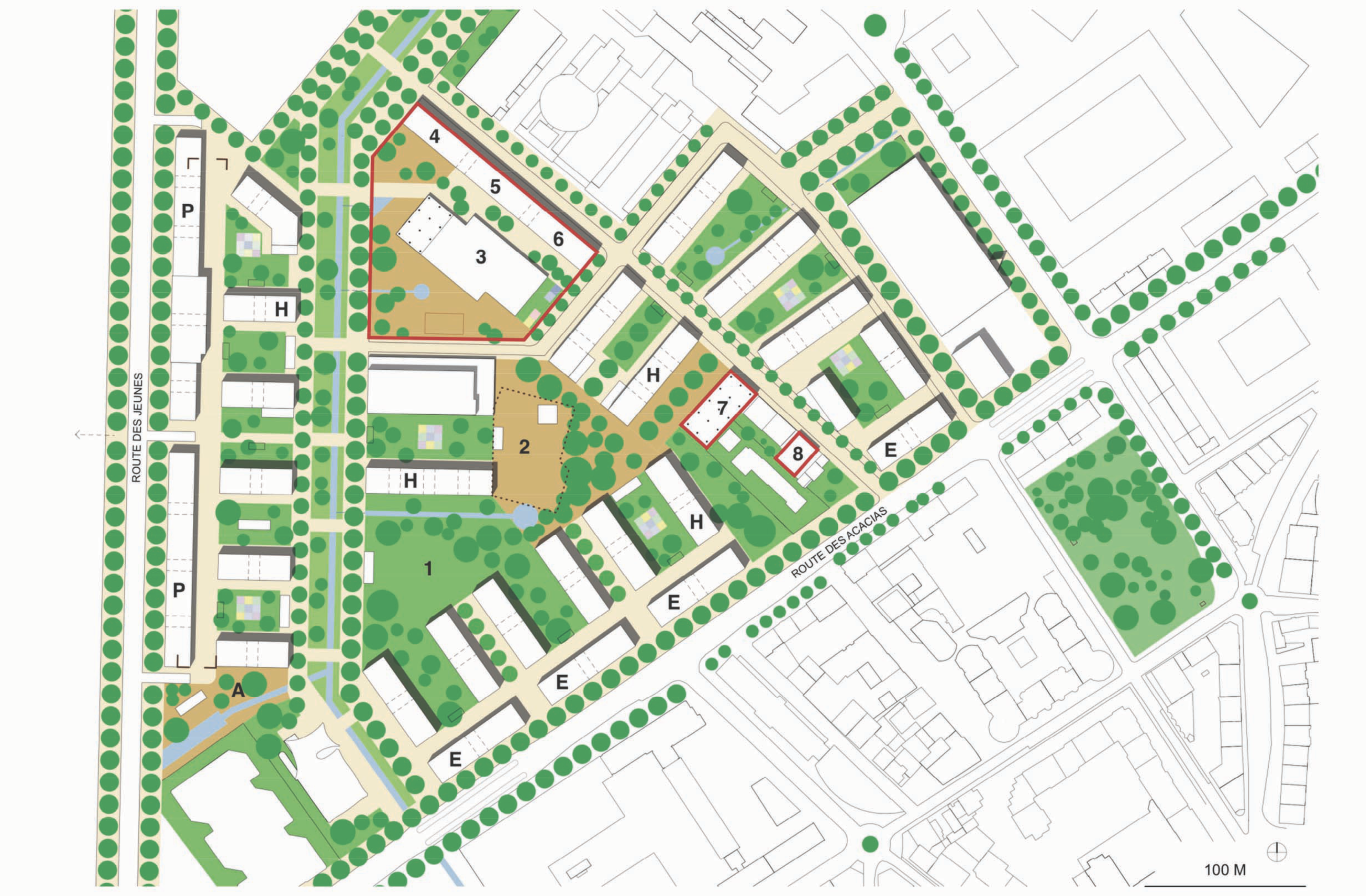 Proposition d'aménagement alternative du Collectif des associations d'habitant.e.s et de quartiers (CAHQ), mai 2022. Cette dernière entend démontrer la possibilité de créer le même nombre de logements avec plus de surfaces dédiées aux équipements publics, un parc, des bâtiments moins hauts et moins de bureaux. Contre les îlots du projet de PLQ, elle dessine des barres de gabarits identiques (24 m + attique), à bonne distance les unes des autres, au milieu d'espaces ouverts.