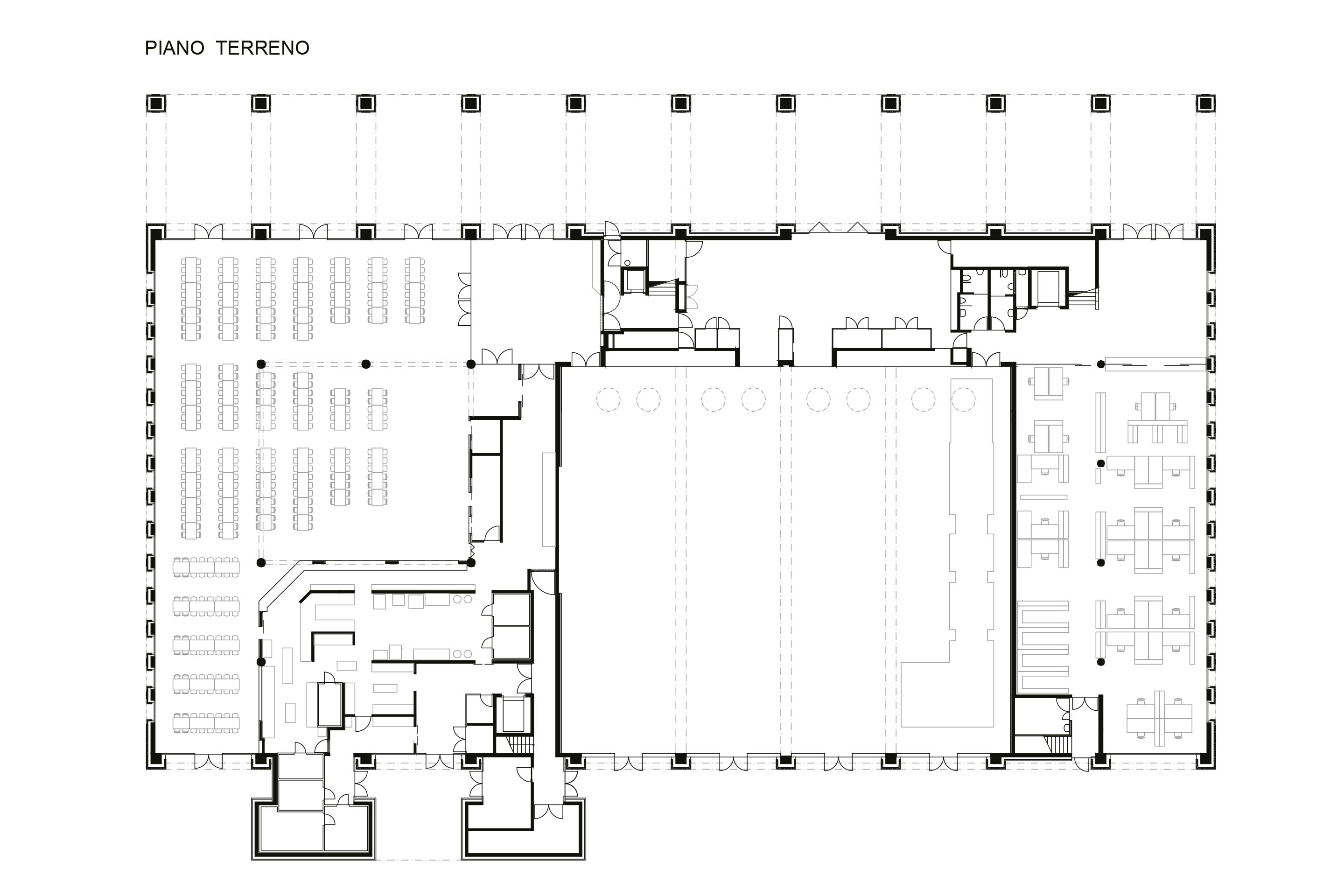 Edificio Brere, piano terra: al centro il vuoto a tutta altezza della palestra doppia; in alto gli uffici dell’amministrazione; in basso la mensa e le cucine.