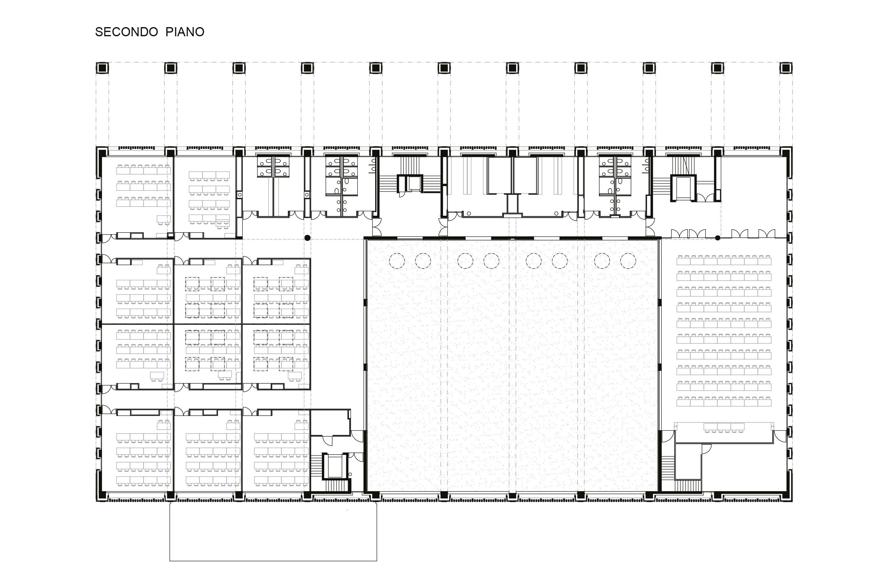 Secondo piano, in alto sala polivalente; al centro servizi e spogliatoi; in basso le aule della Scuola professionale per sportivi d’élite.