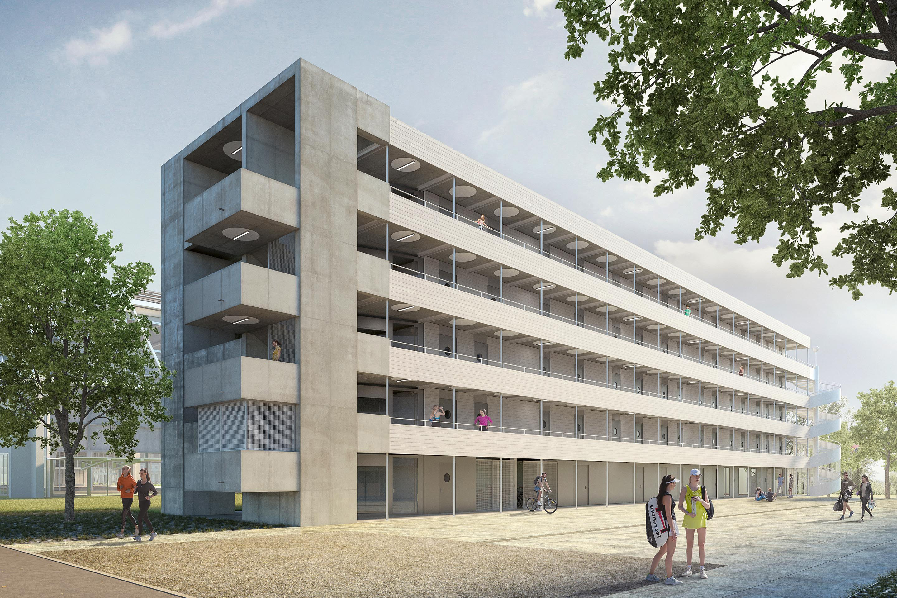Studio Burkhardt + Stücheli Pestalozzi Schiratzki Architekten. Visualizzazione dell’ostello, quinta fase di ampliamento, completamento previsto nel 2024.