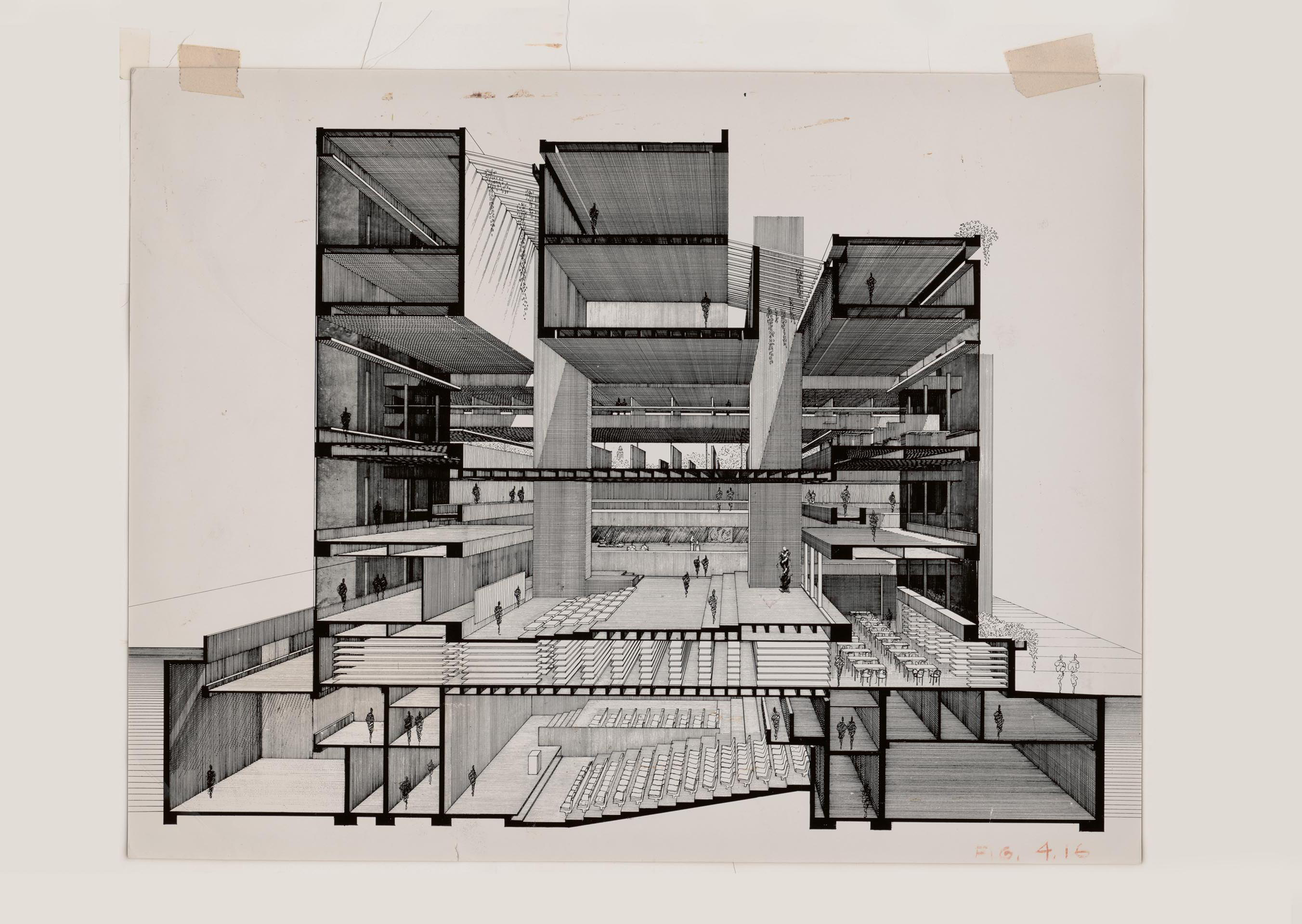 Coupe perspective sur l’école d’art et d’architecture de Yale (Paul Rudolph Collection, Library of Congress, Prints &amp; Photographs Division).