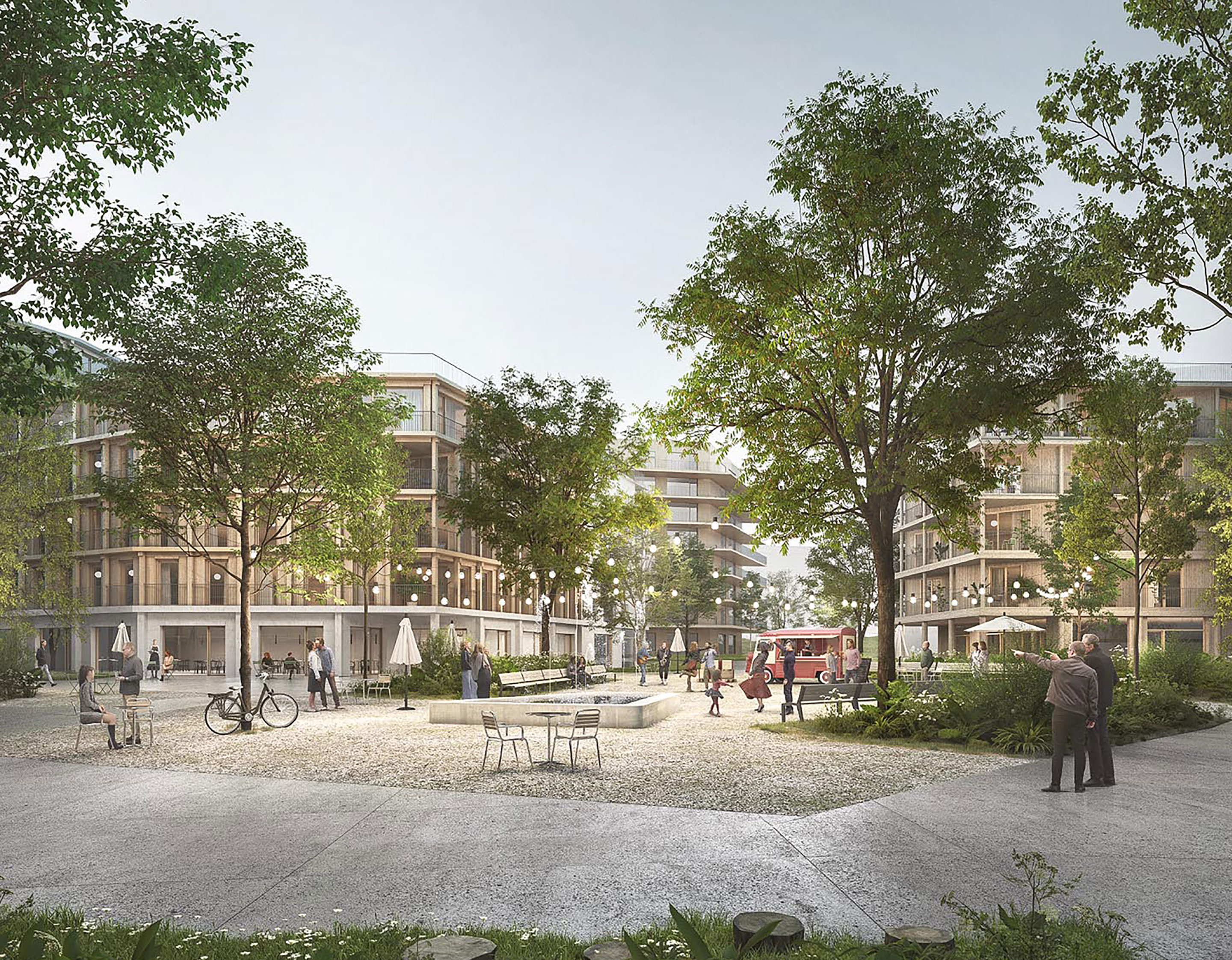 Promenons-nous dans les bois (1er rang, 1er prix). Perspective sur la place du Loup au cœur du quartier, bordée d’immeubles de faible hauteur, plantée d’arbres majeurs solitaires et de bosquets à moyen développement.