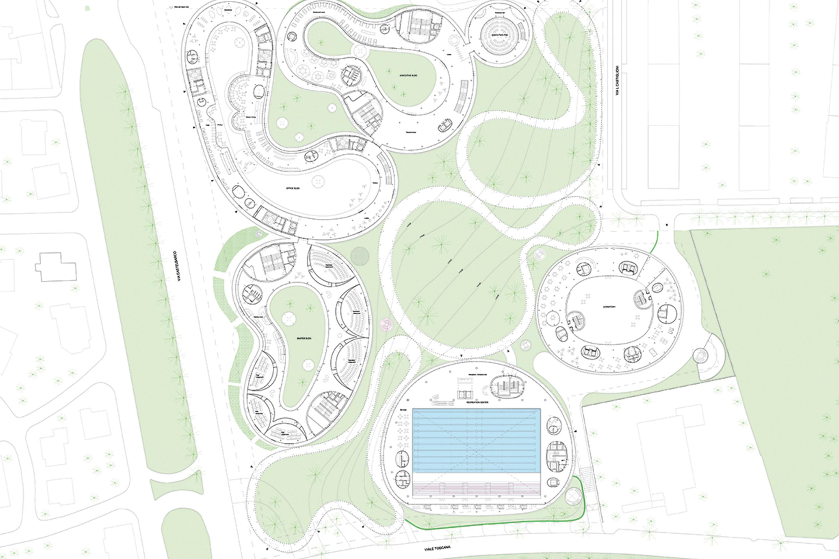Plan de situation du nouveau campus de l’Université Bocconi à Milan, dont la forme organique insérée dans un jardin-parc renoue visuellement avec le parc public Ravizza, situé à l’est.