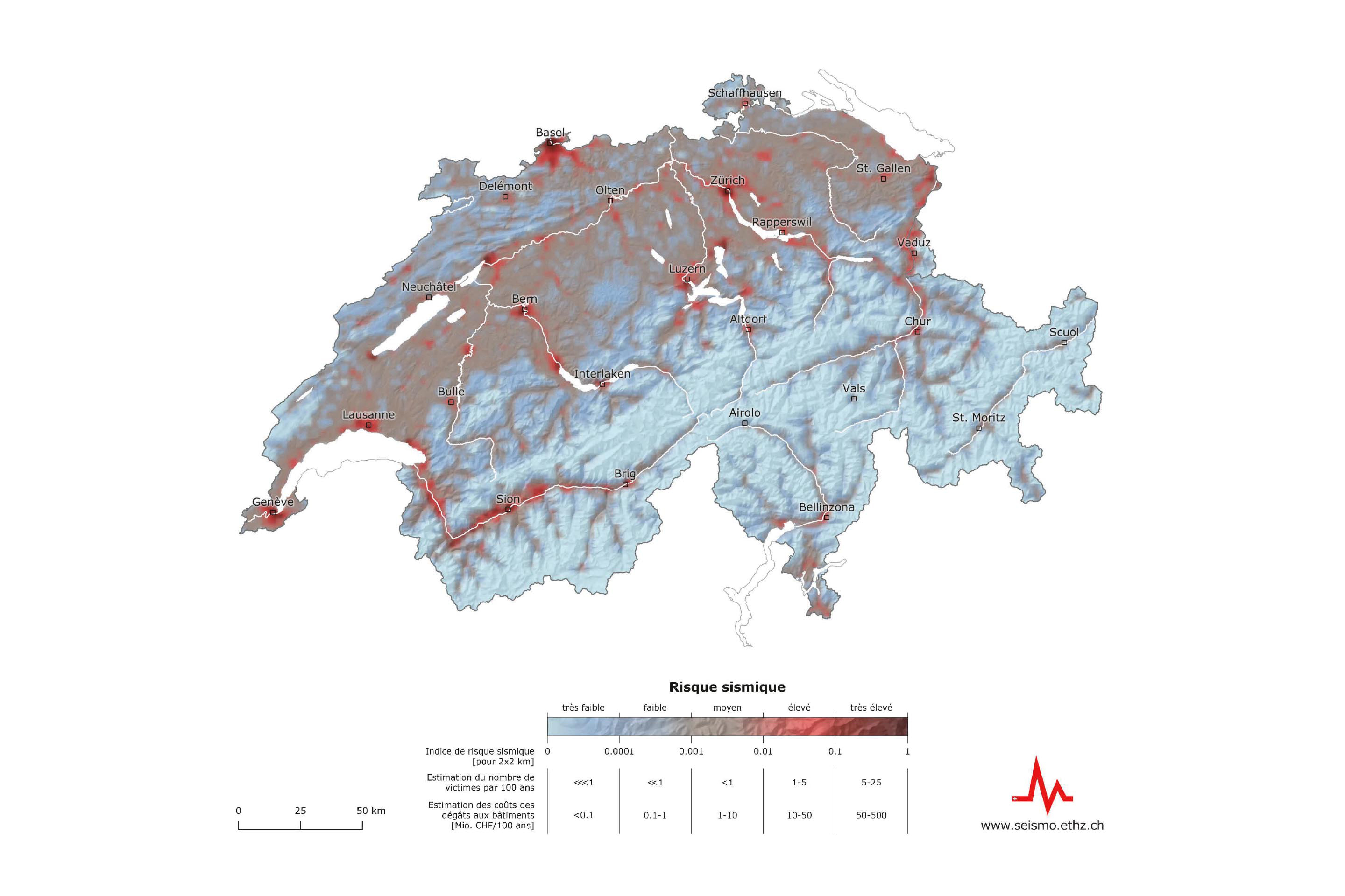 La carte de risque sismique est basée sur un indice qui combine les pertes humaines éventuelles et les pertes financières induites par les dommages matériels.