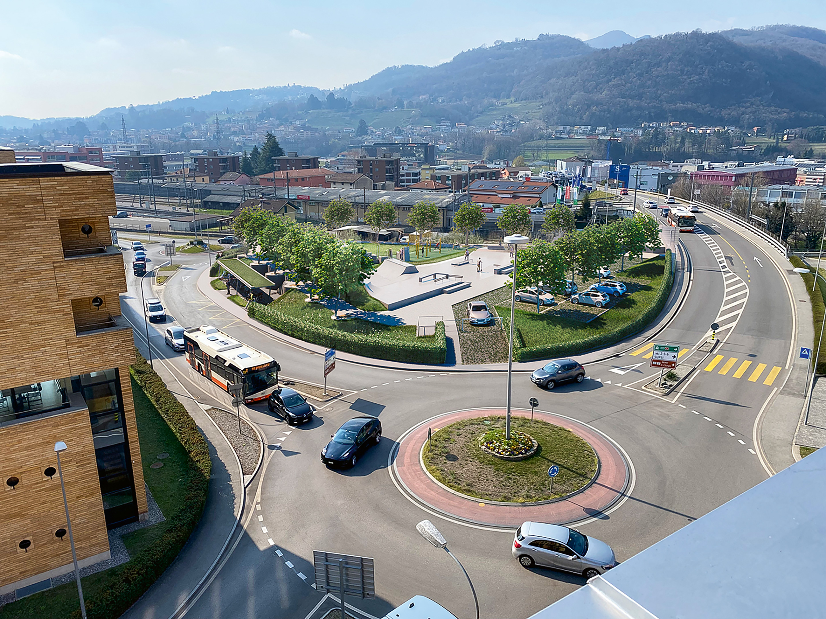 Studio Mario Botta Architetti in collaborazione con Vertical Technik AG, progetto per nuovi posteggi di servizio e area di svago con skatepark, Mendrisio, 2023.